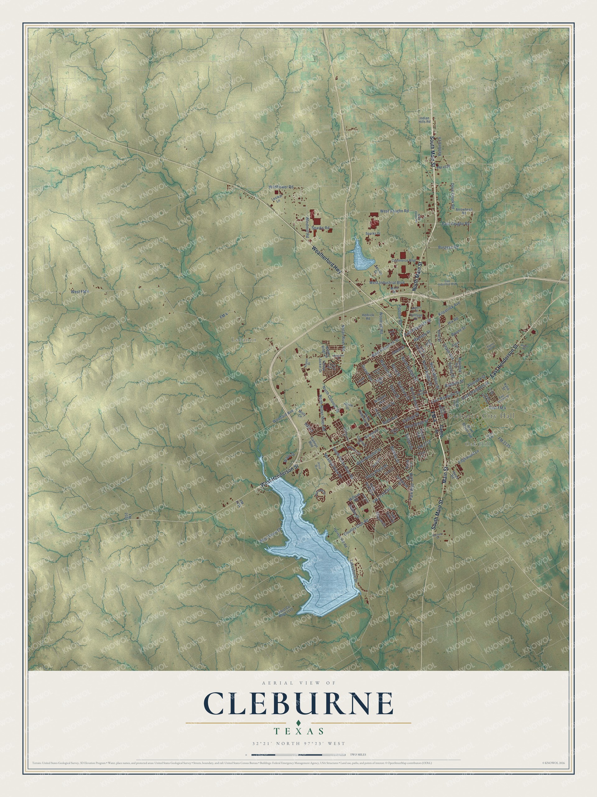 Watermarked full-map preview of Cleburne, Texas