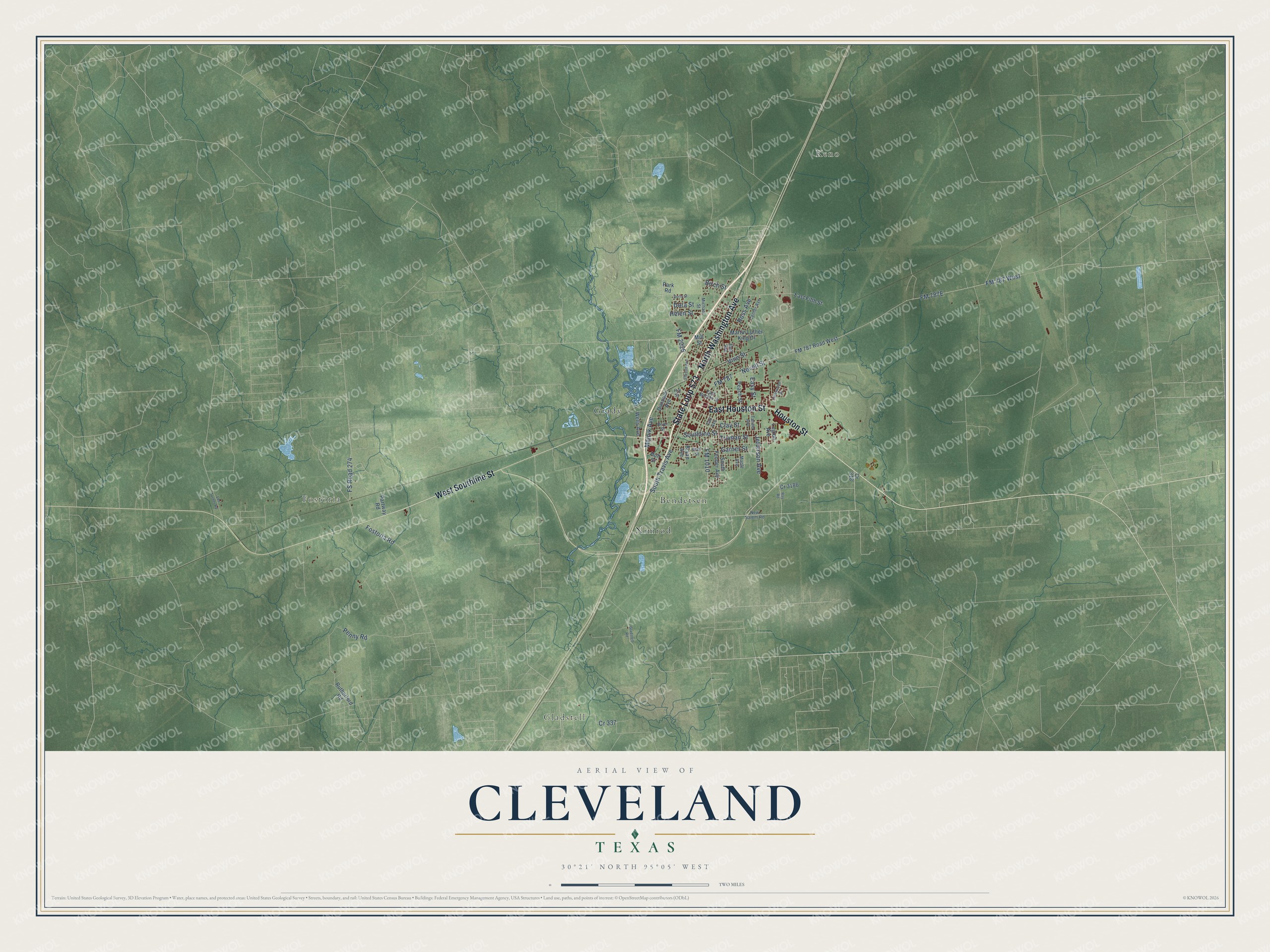Full map of Cleveland, Texas, with red buildings, printed street names and the land around them