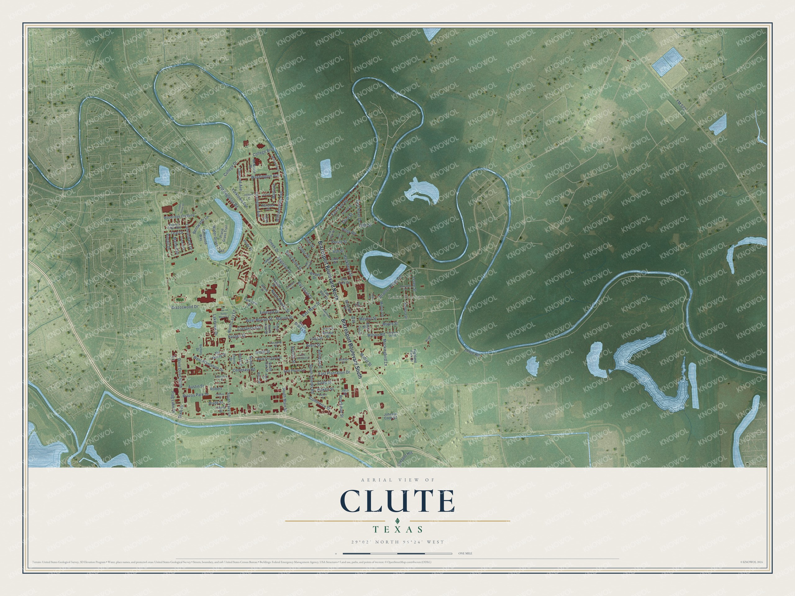 Full map of Clute, Texas, with red buildings, printed street names and the land around them