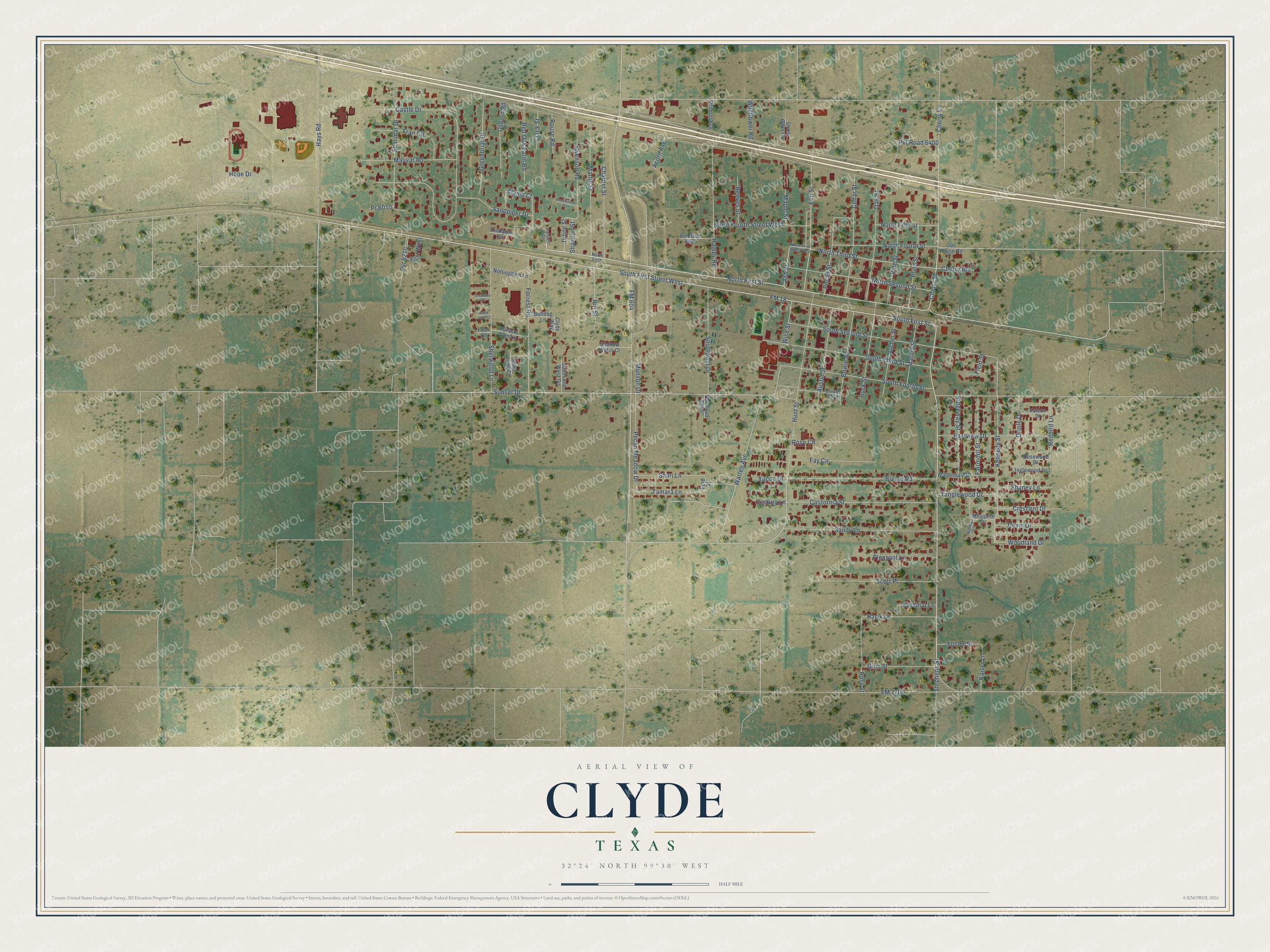 Full map of Clyde, Texas, with red buildings, printed street names and the land around them