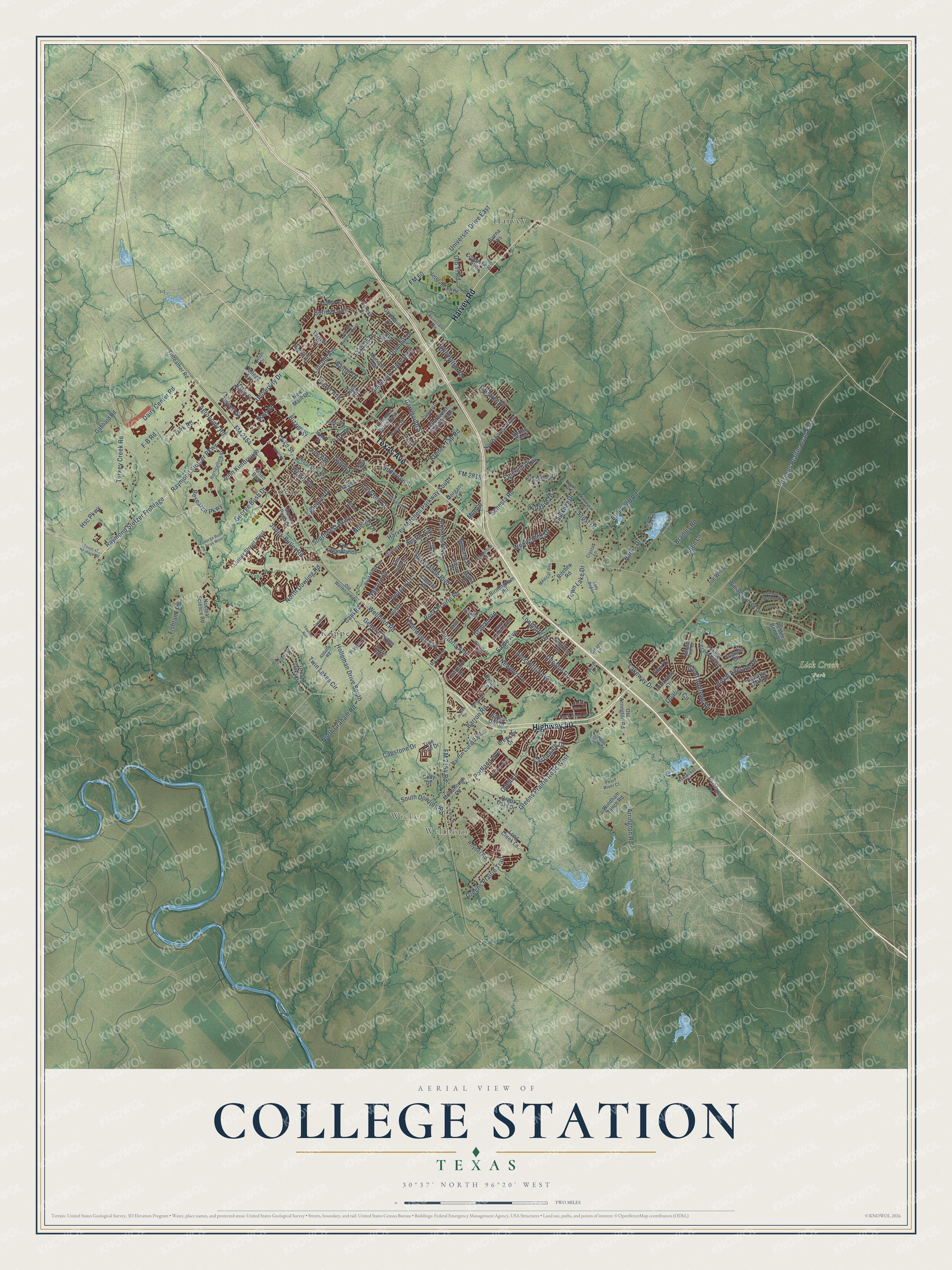 Full map of College Station, Texas, with red buildings, printed street names and the land around them