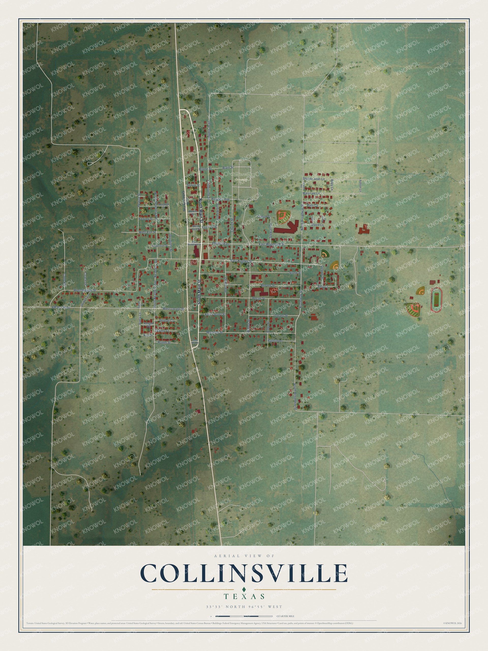 Full map of Collinsville, Texas, with red buildings, printed street names and the land around them