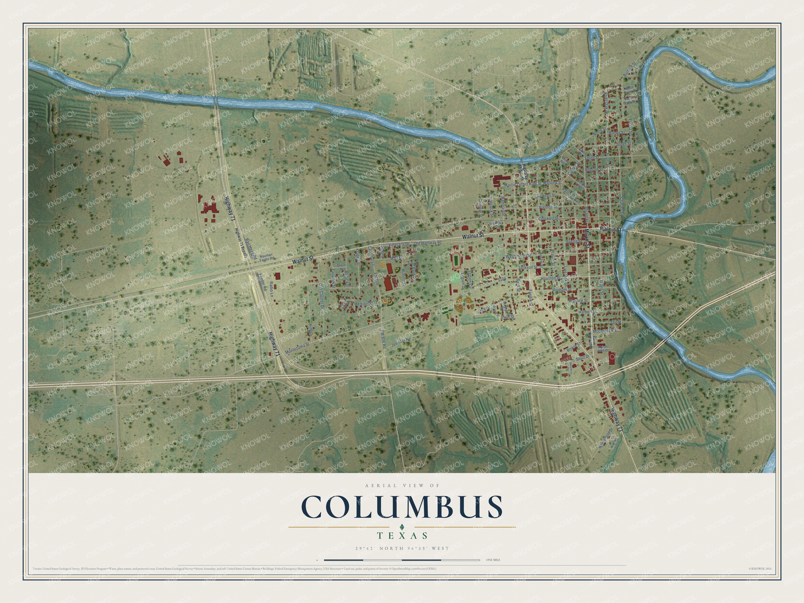 Full map of Columbus, Texas, with red buildings, printed street names and the land around them