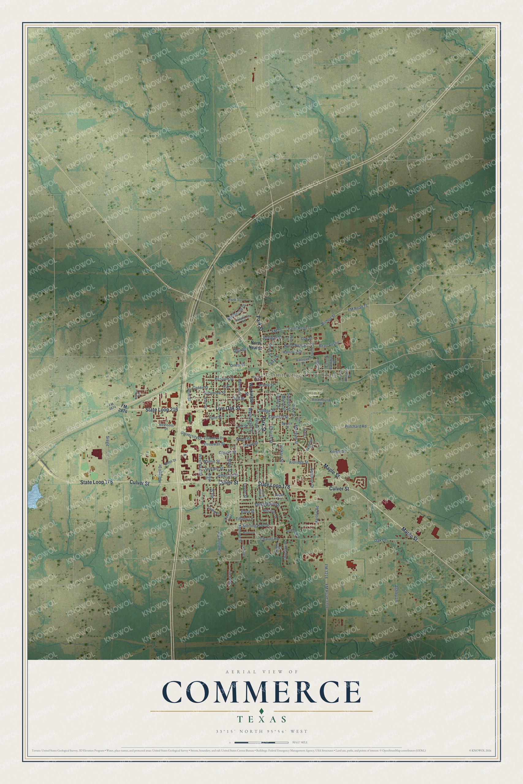 Watermarked full-map preview of Commerce, Texas