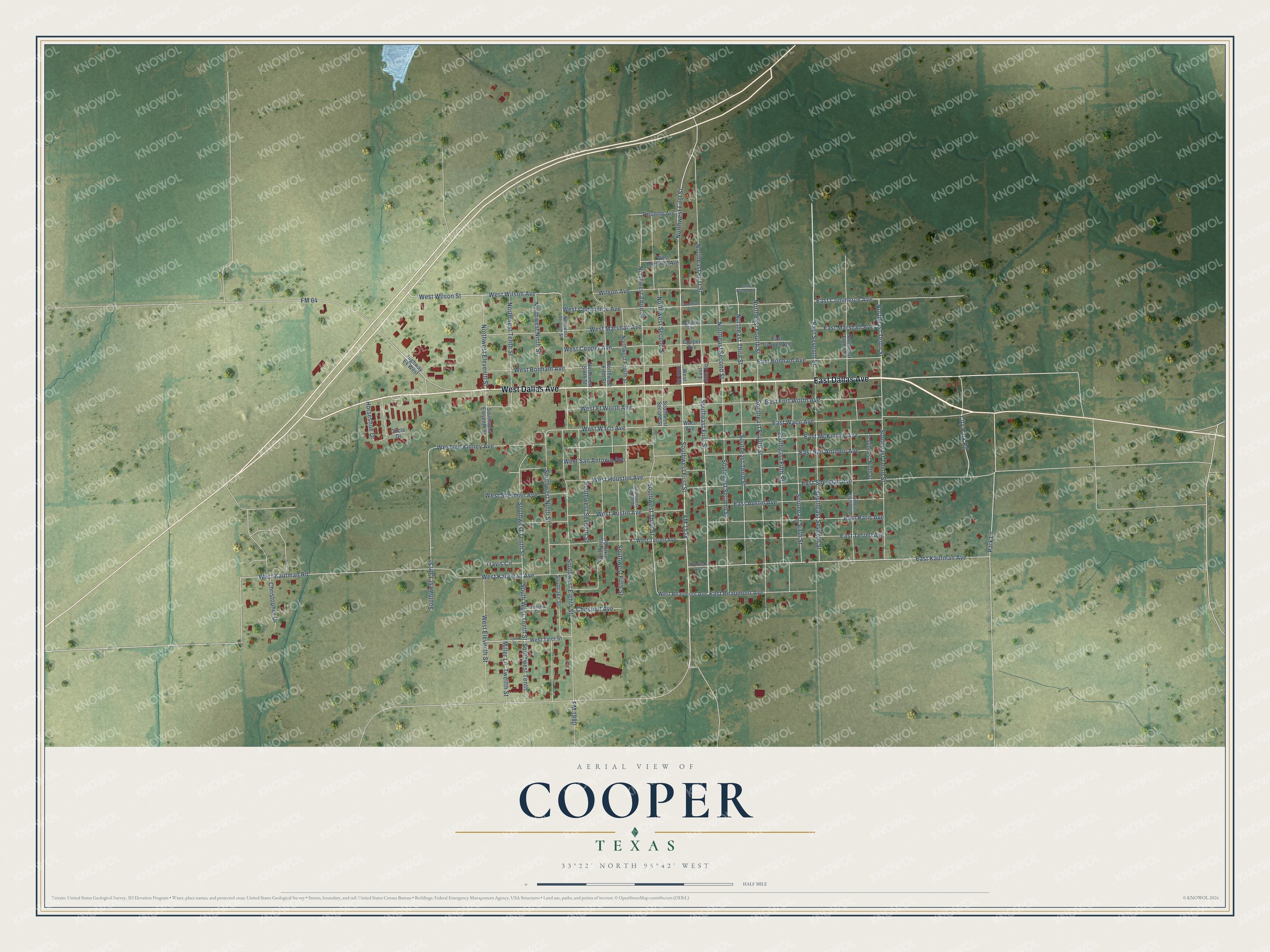 Full map of Cooper, Texas, with red buildings, printed street names and the land around them