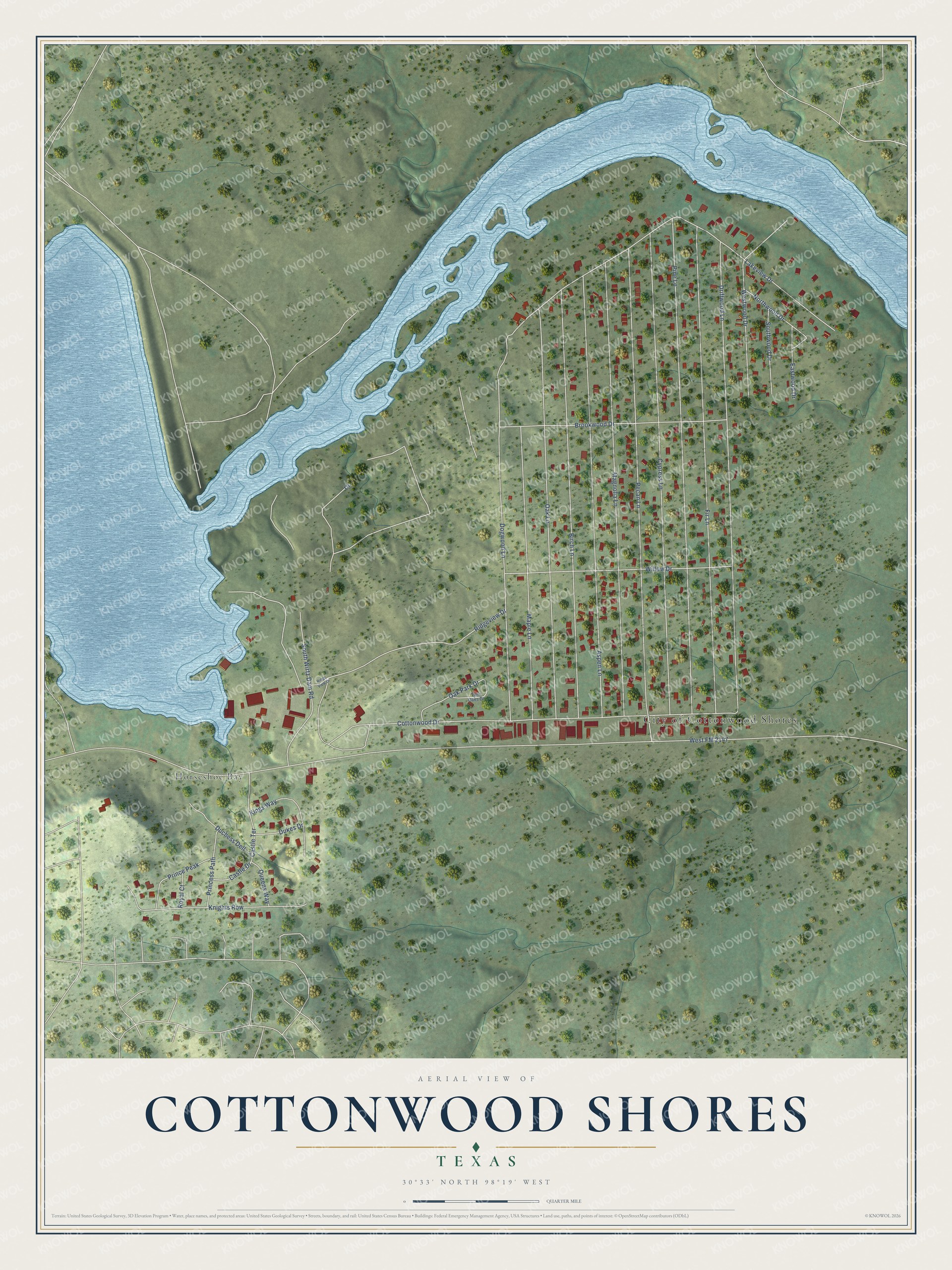 Full map of Cottonwood Shores, Texas, with red buildings, printed street names and the land around them