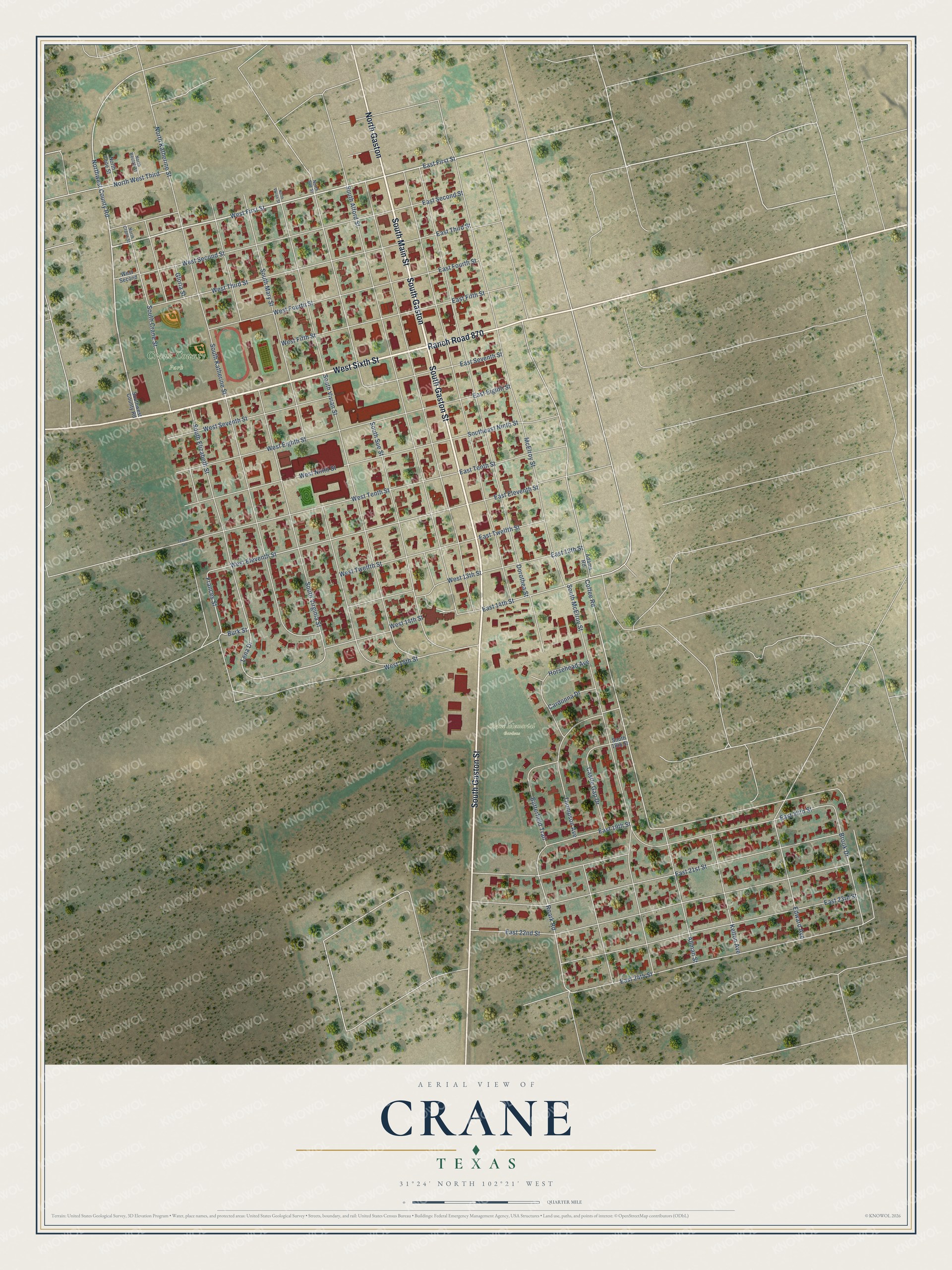Full map of Crane, Texas, with red buildings, printed street names and the land around them