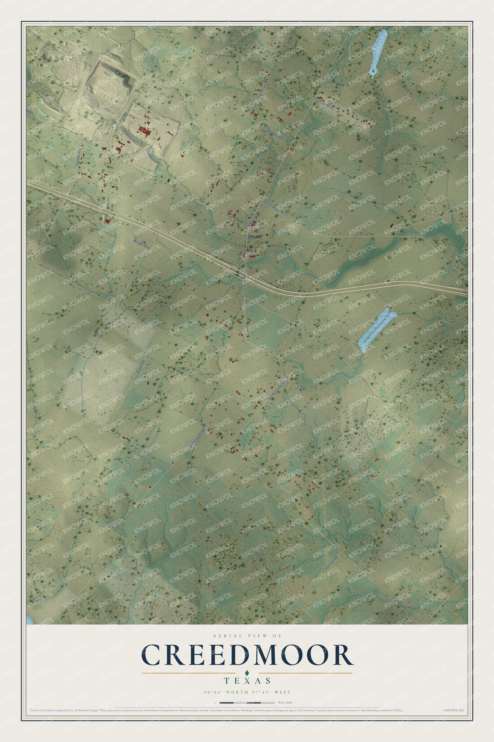 Full map of Creedmoor, Texas, with red buildings, printed street names and the land around them