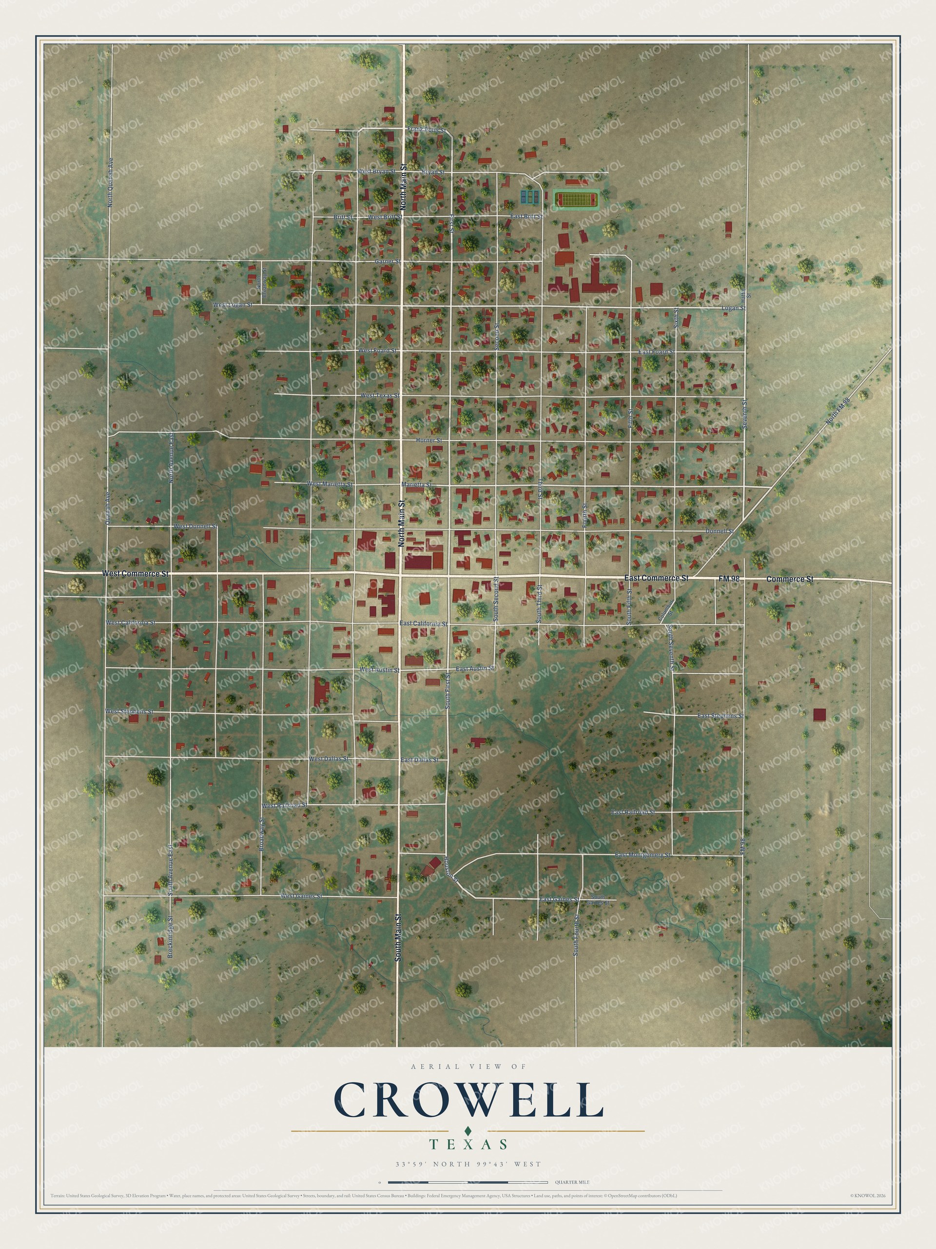 Watermarked full-map preview of Crowell, Texas