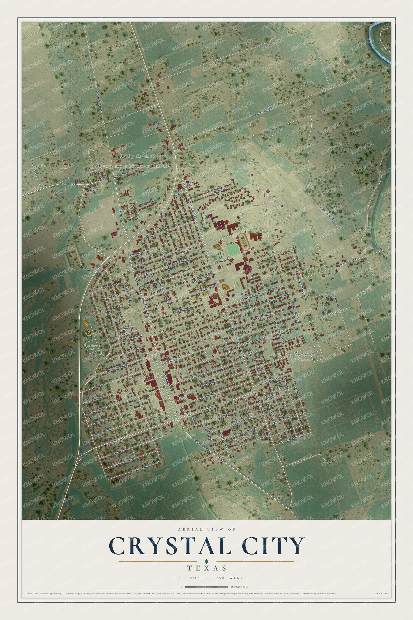 Full map of Crystal City, Texas, with red buildings, printed street names and the land around them