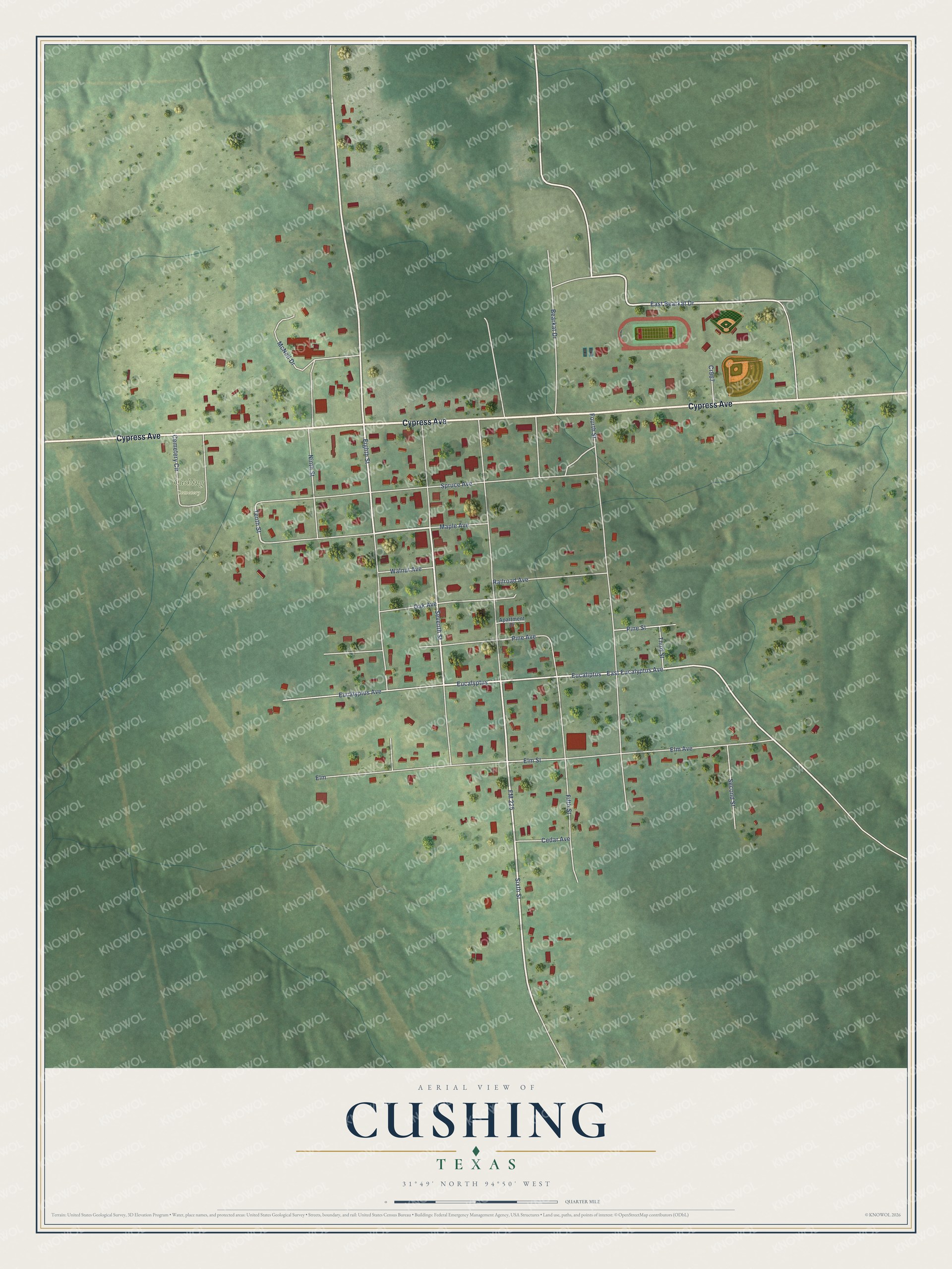 Watermarked full-map preview of Cushing, Texas
