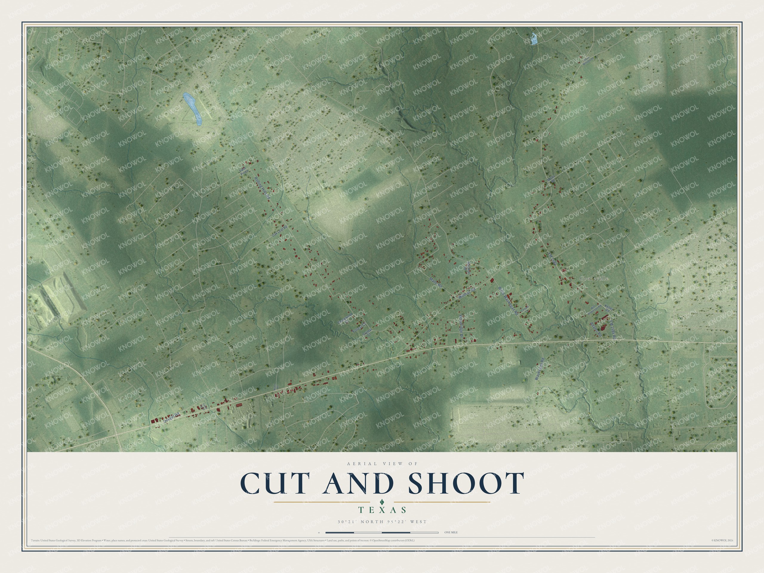 Full map of Cut and Shoot, Texas, with red buildings, printed street names and the land around them