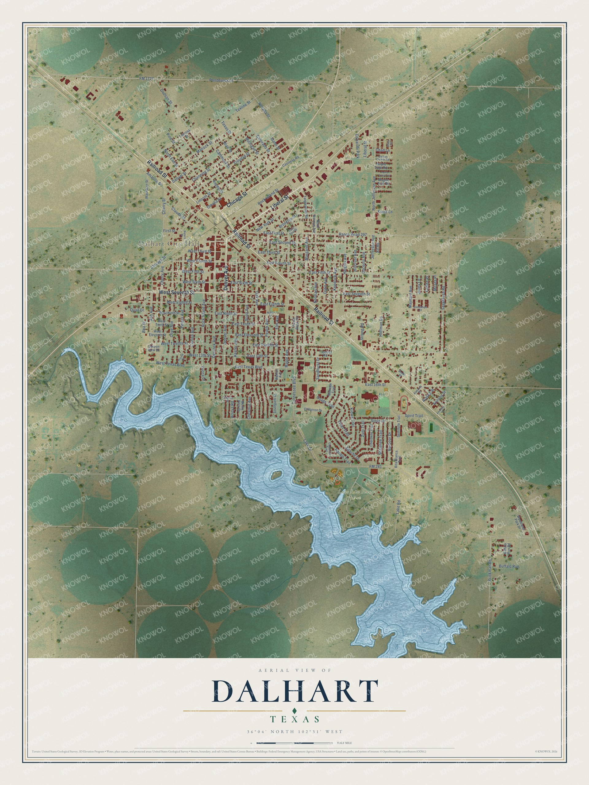 Full map of Dalhart, Texas, with red buildings, printed street names and the land around them
