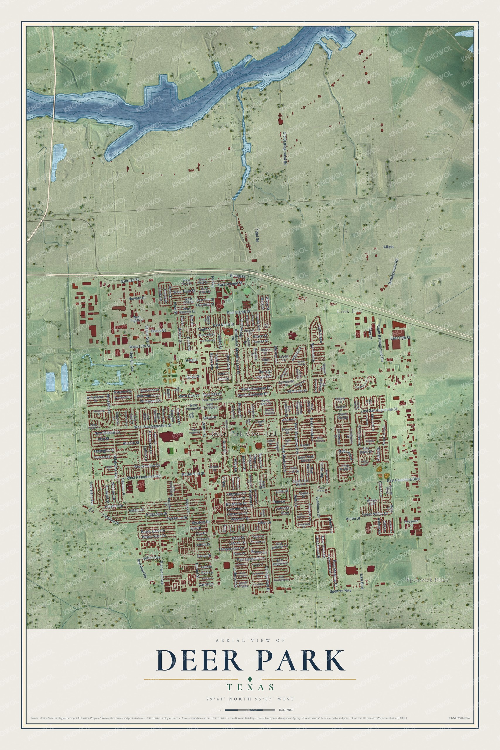 Full map of Deer Park, Texas, with red buildings, printed street names and the land around them