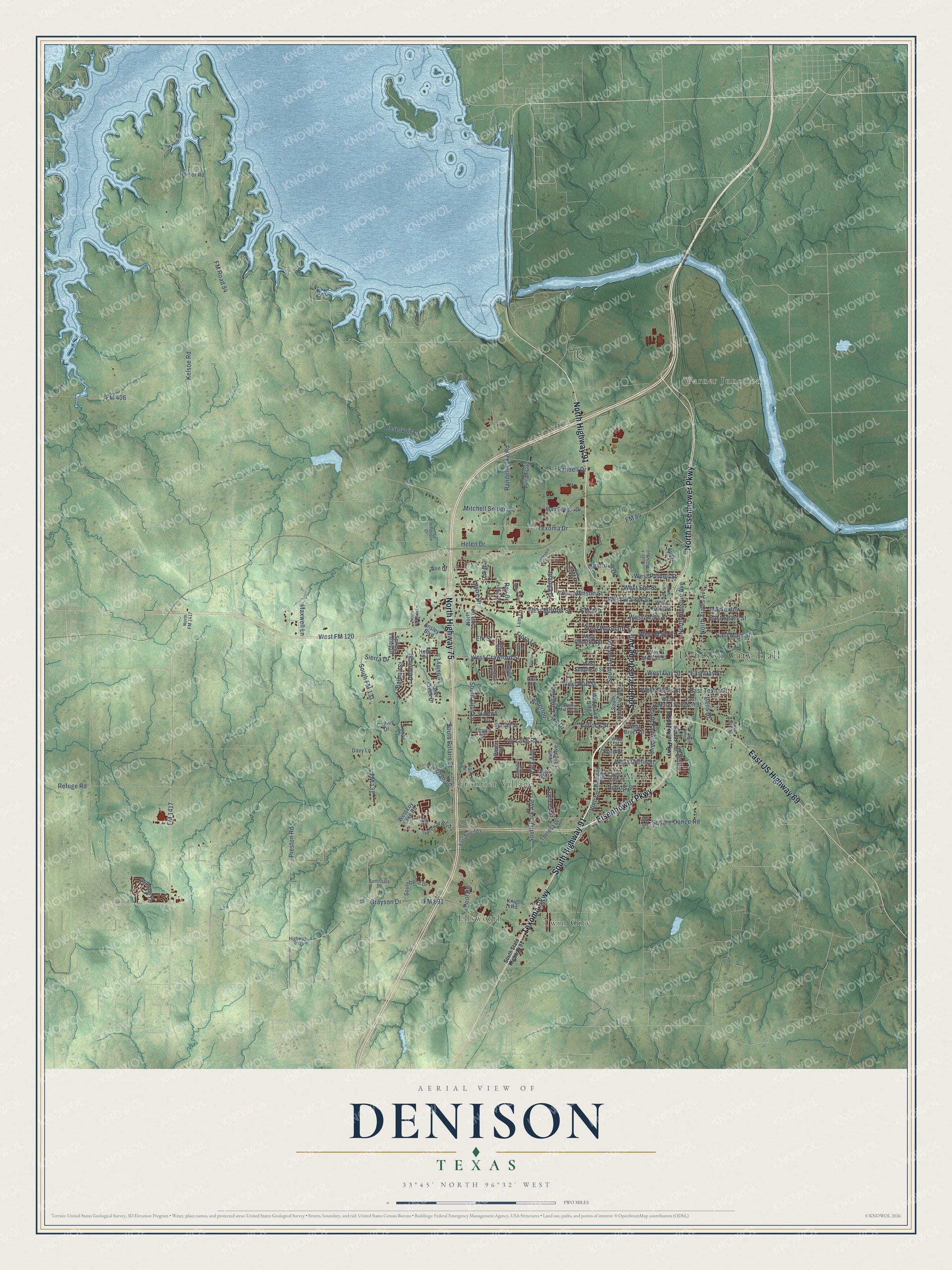 Full map of Denison, Texas, with red buildings, printed street names and the land around them