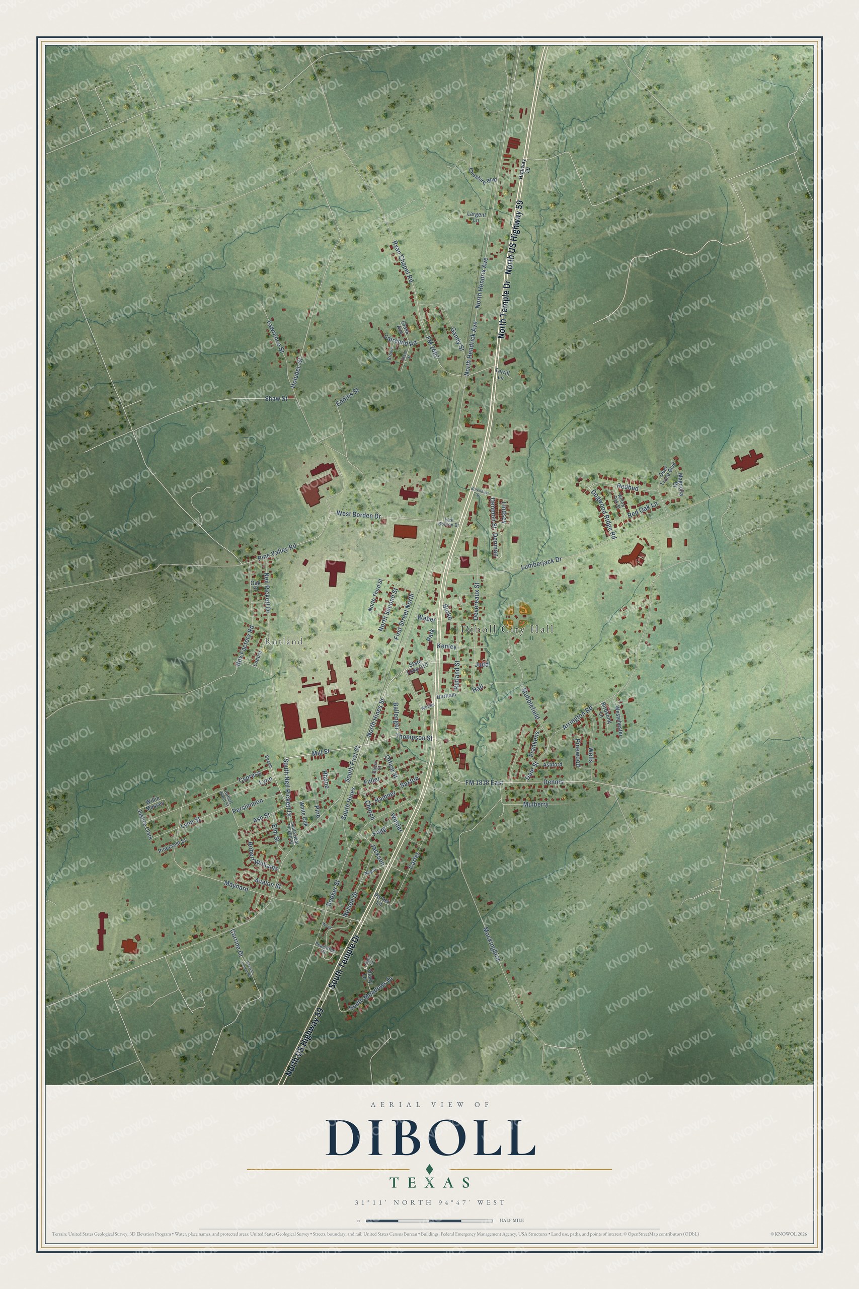 Watermarked full-map preview of Diboll, Texas