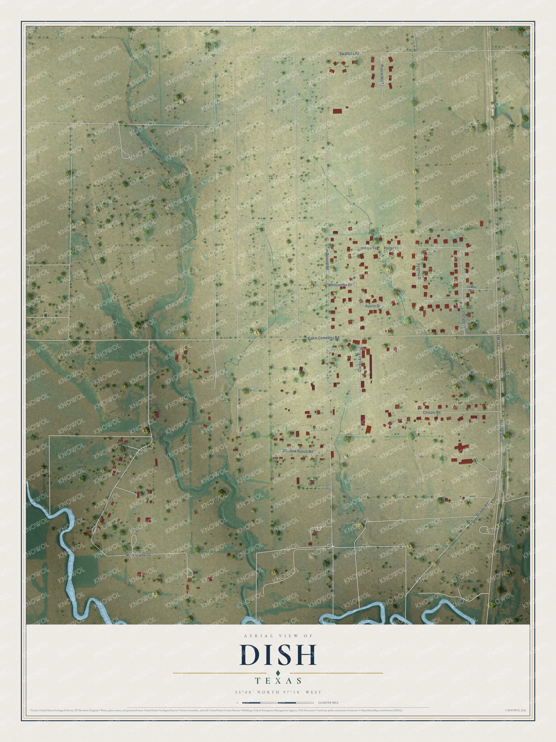 Full map of DISH, Texas, with red buildings, printed street names and the land around them