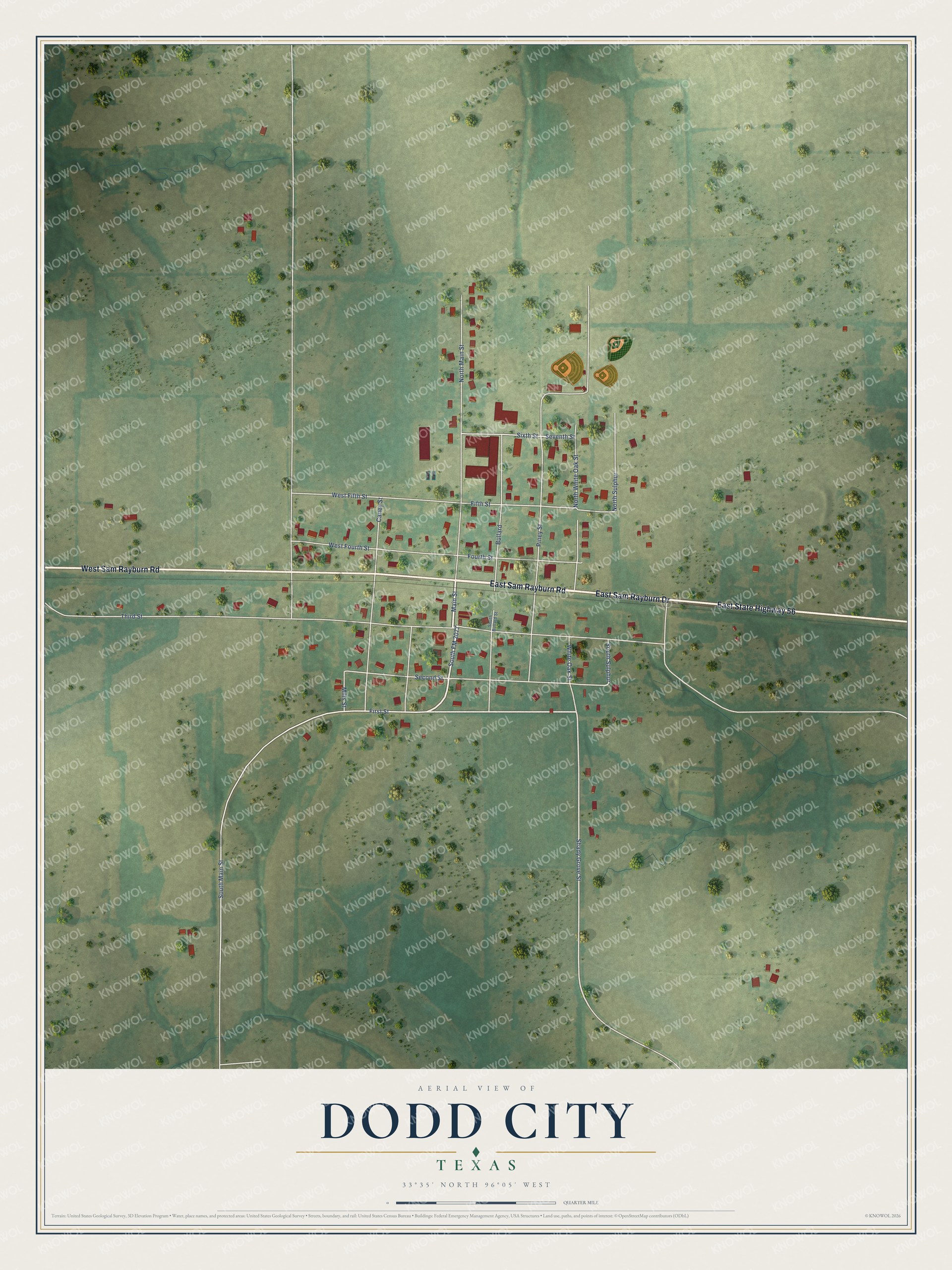 Full map of Dodd City, Texas, with red buildings, printed street names and the land around them