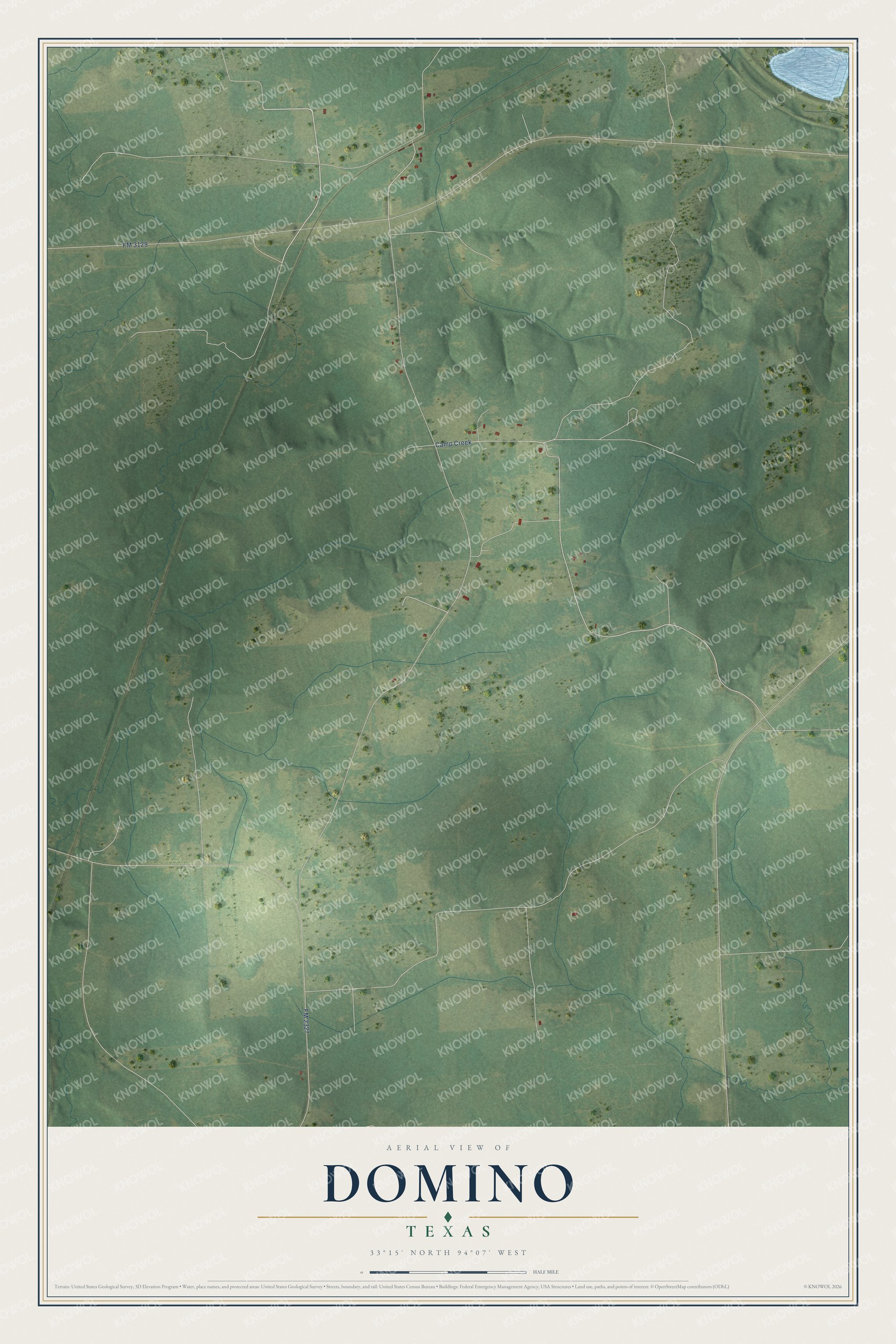 Full map of Domino, Texas, with red buildings, printed street names and the land around them