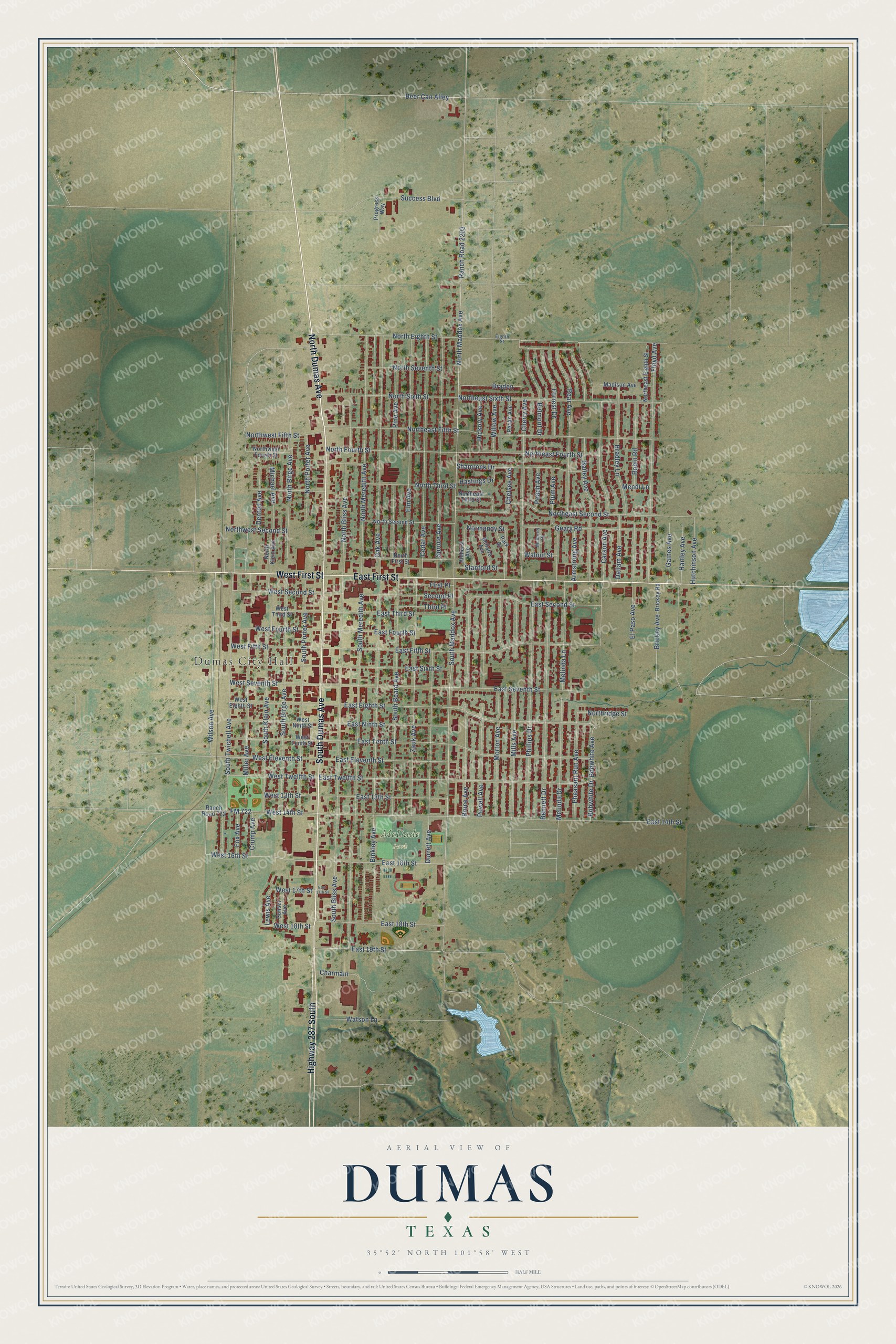 Full map of Dumas, Texas, with red buildings, printed street names and the land around them
