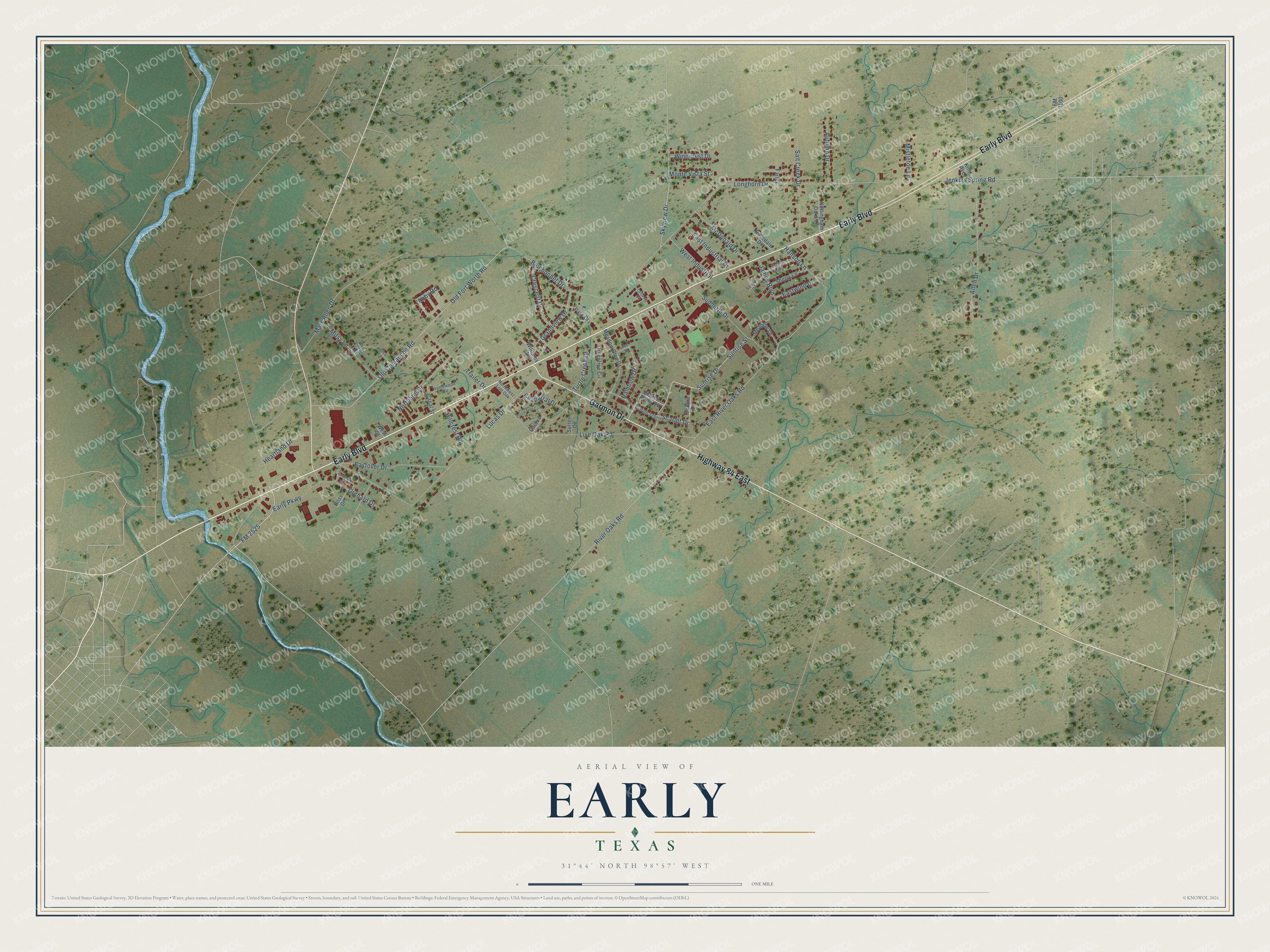 Full map of Early, Texas, with red buildings, printed street names and the land around them