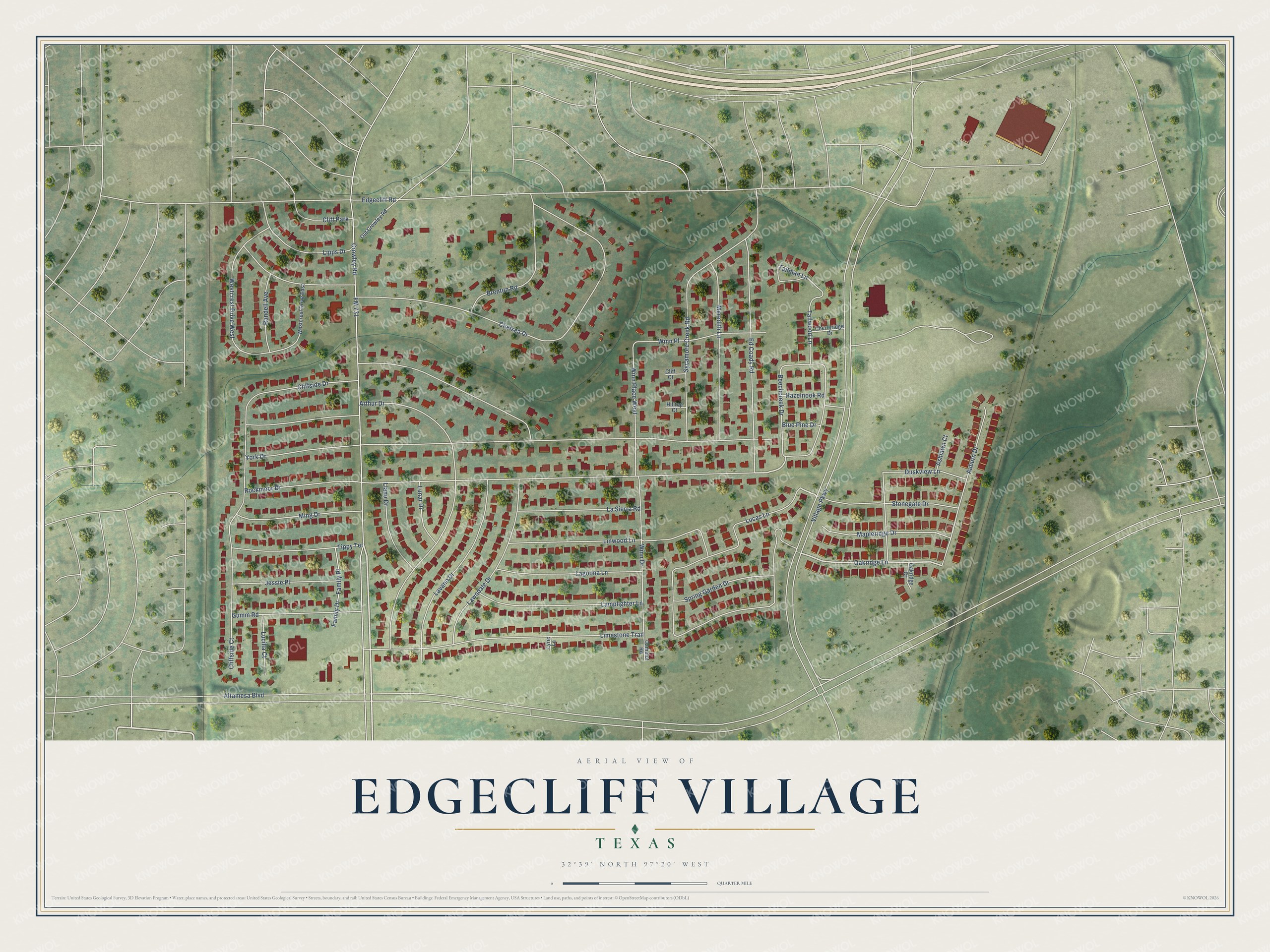 Full map of Edgecliff Village, Texas, with red buildings, printed street names and the land around them