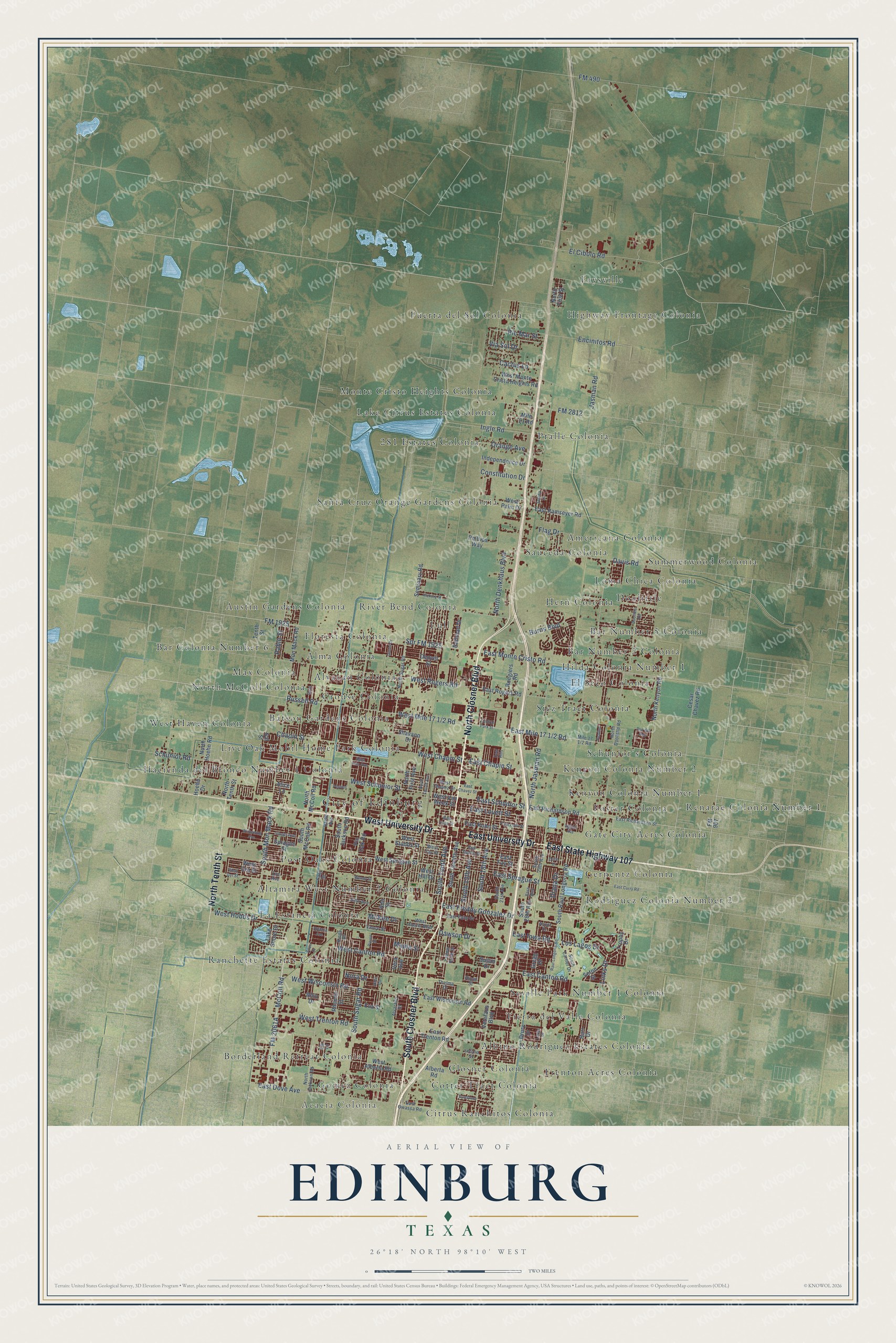 Full map of Edinburg, Texas, with red buildings, printed street names and the land around them