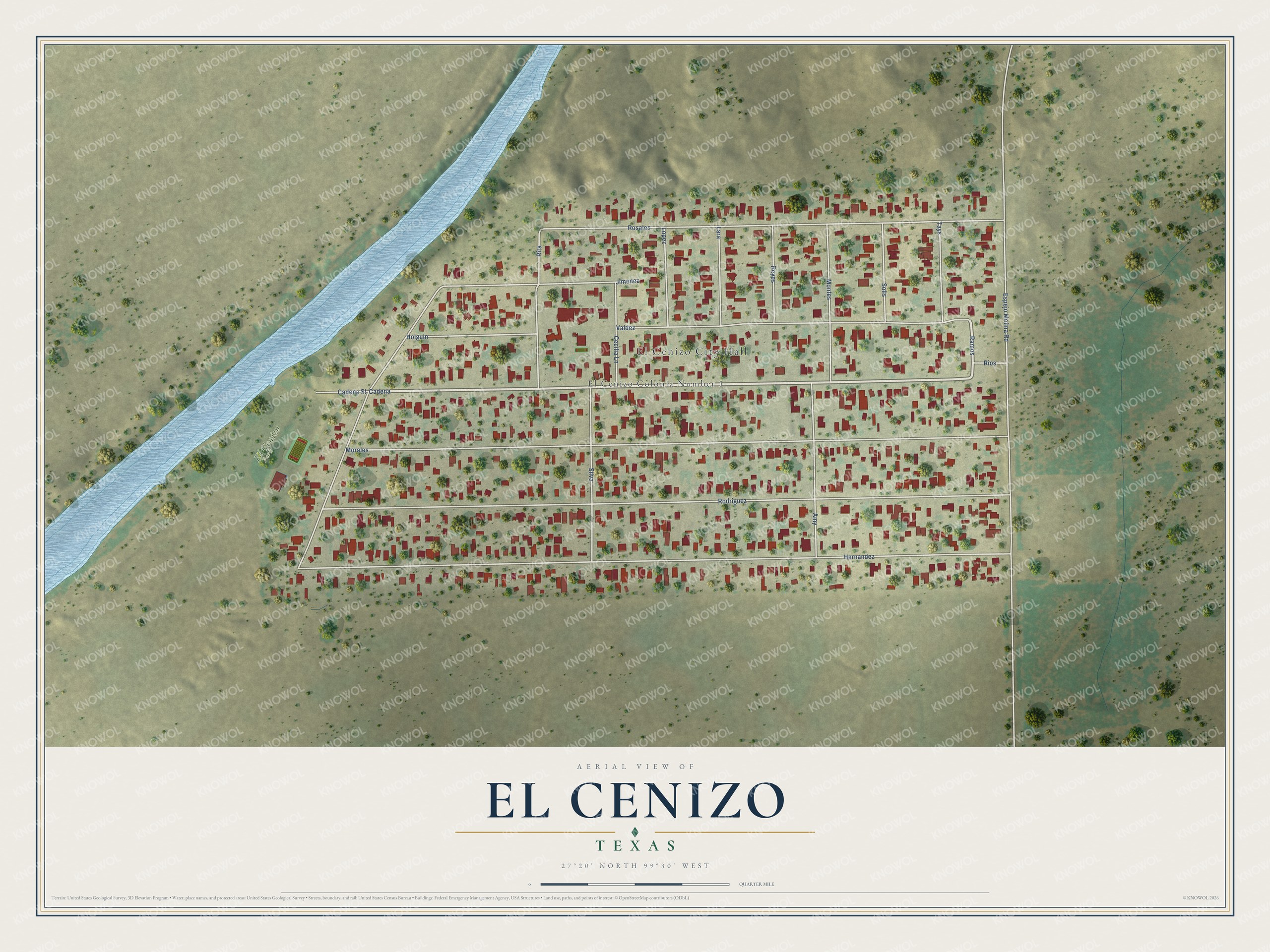 Full map of El Cenizo, Texas, with red buildings, printed street names and the land around them