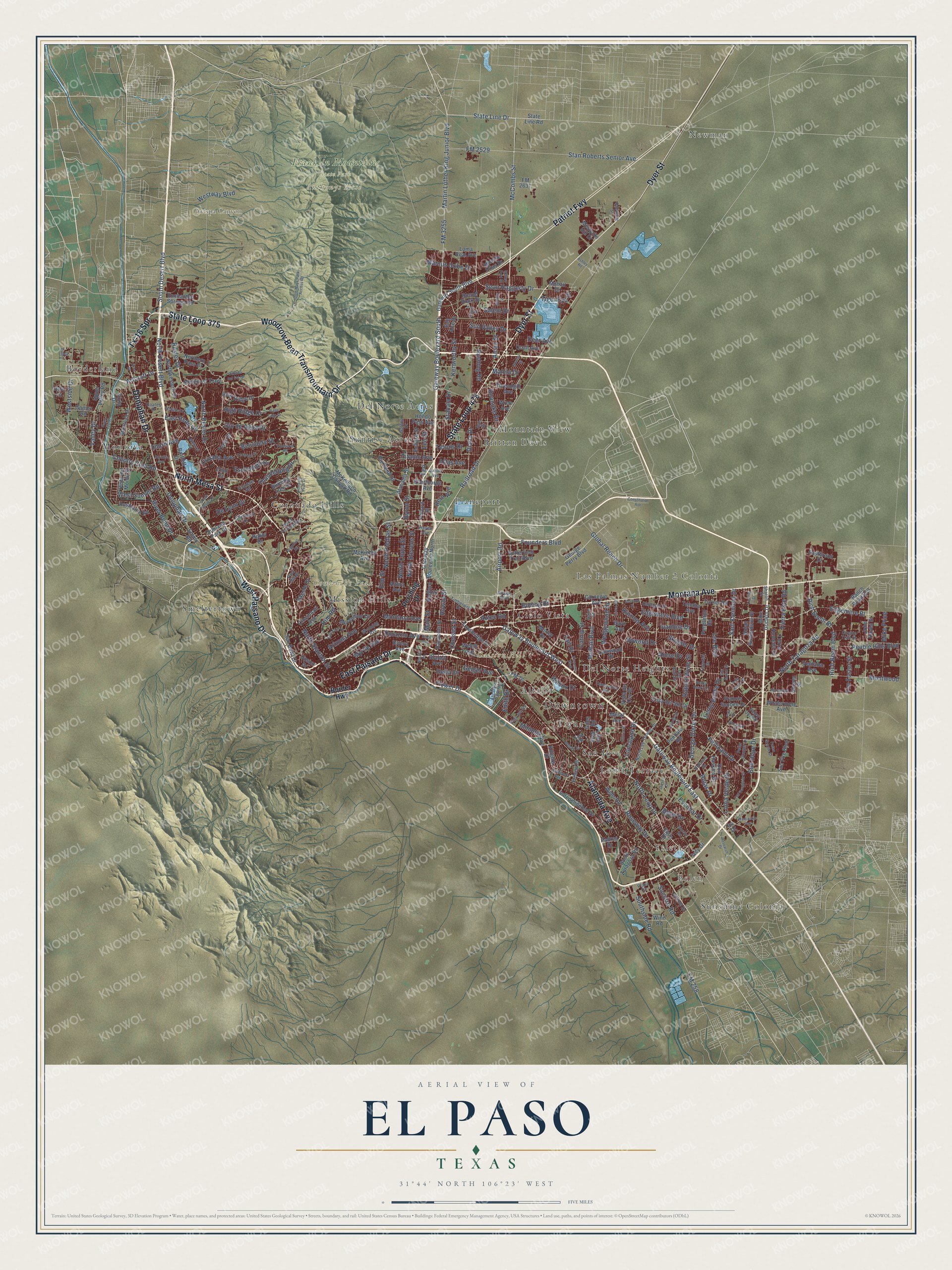 Full map of El Paso, Texas, with red buildings, printed street names and the land around them