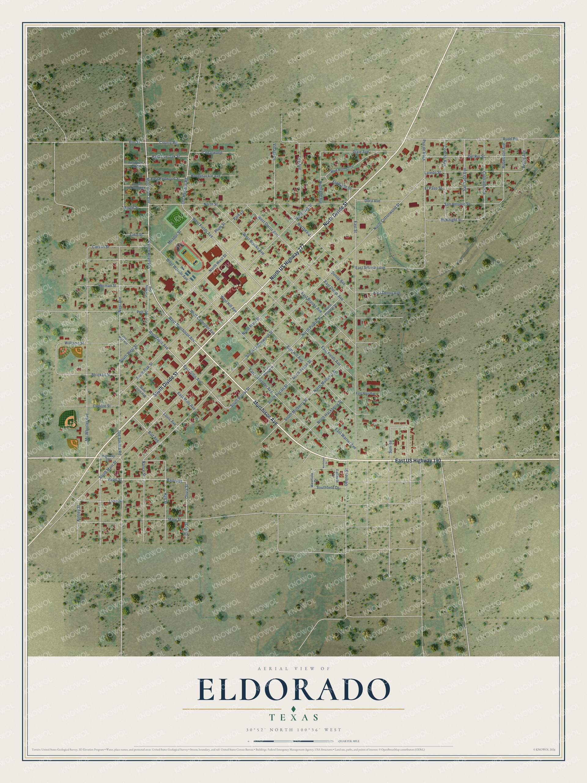 Full map of Eldorado, Texas, with red buildings, printed street names and the land around them