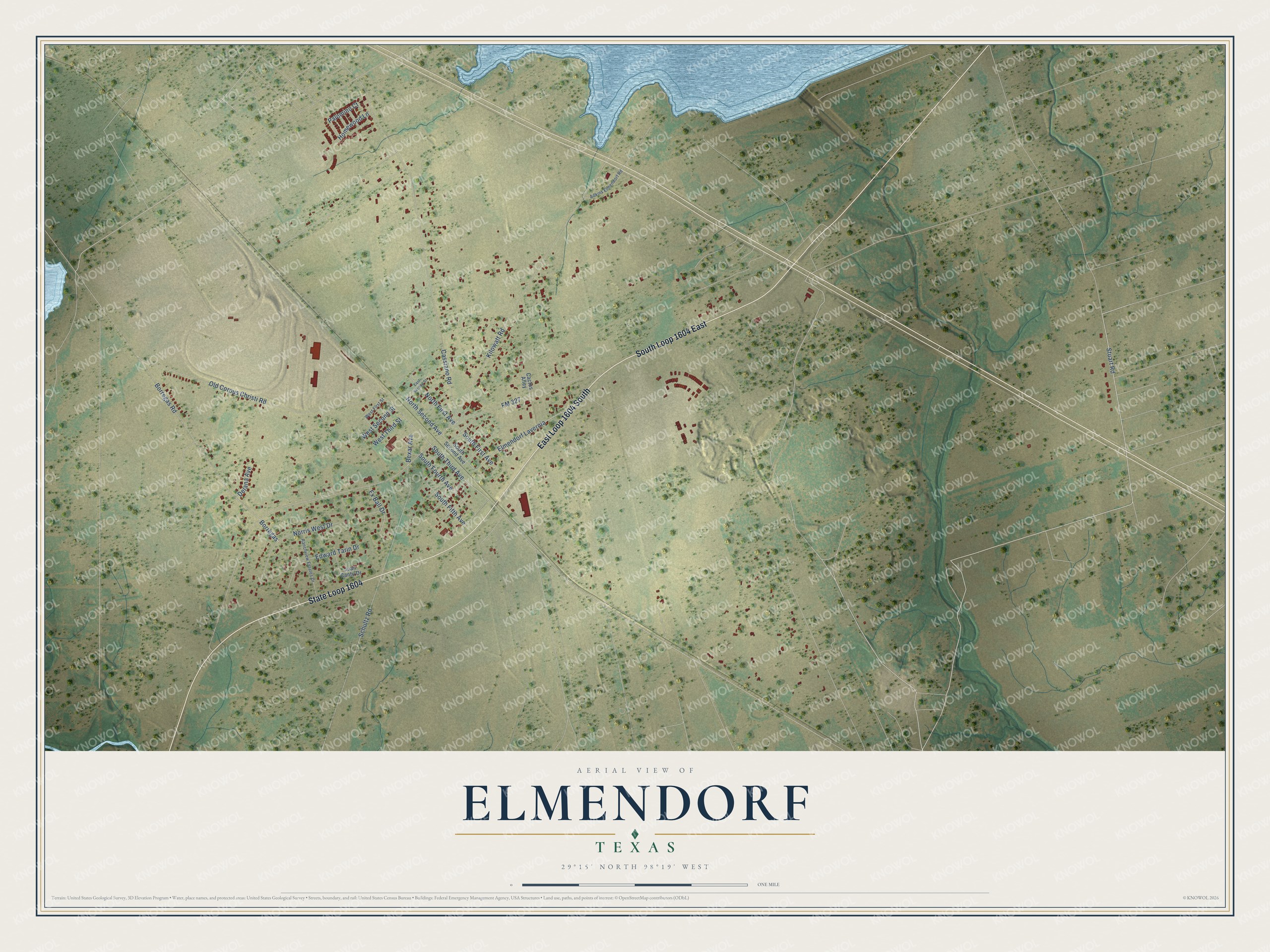 Full map of Elmendorf, Texas, with red buildings, printed street names and the land around them