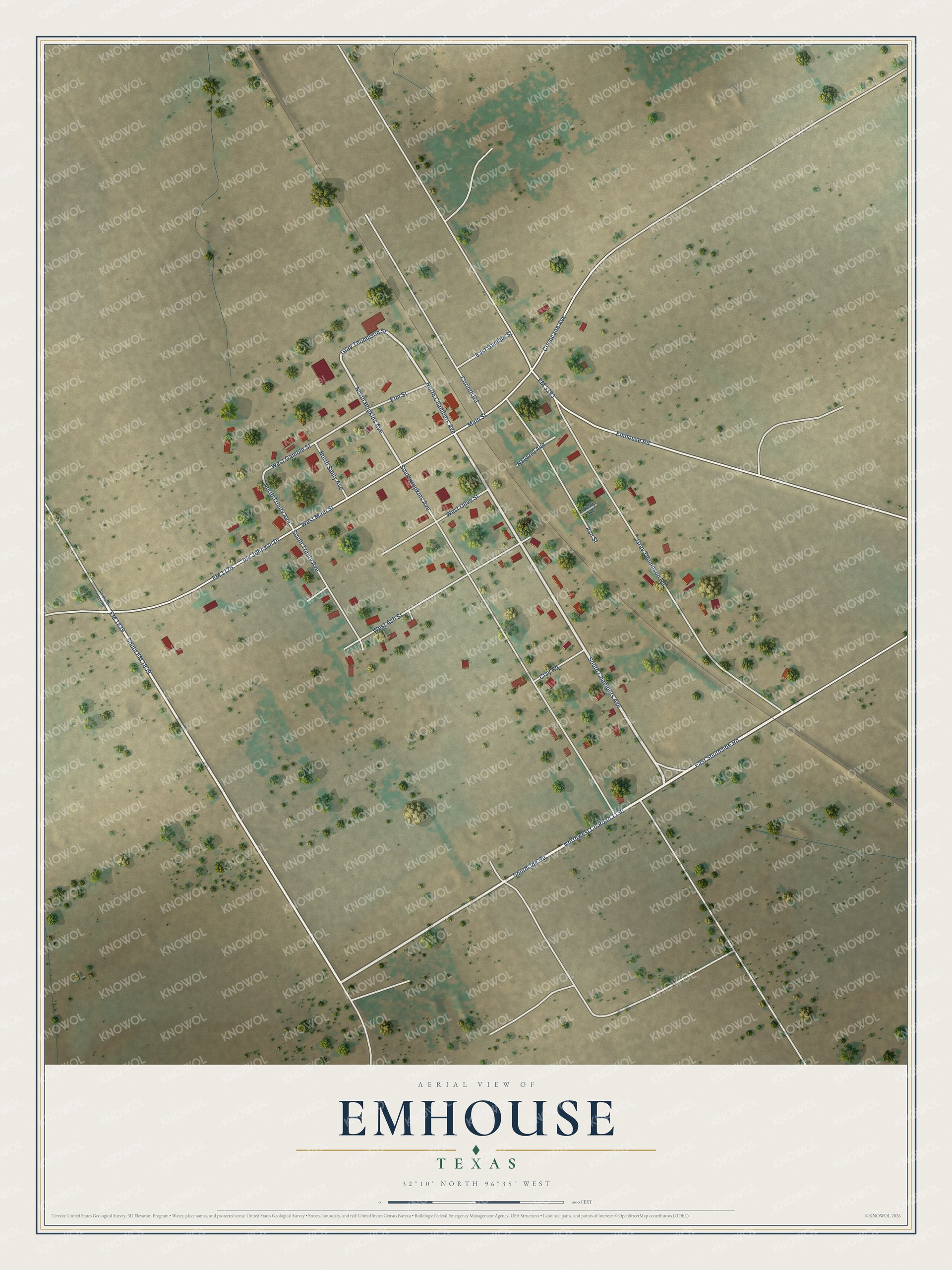 Full map of Emhouse, Texas, with red buildings, printed street names and the land around them