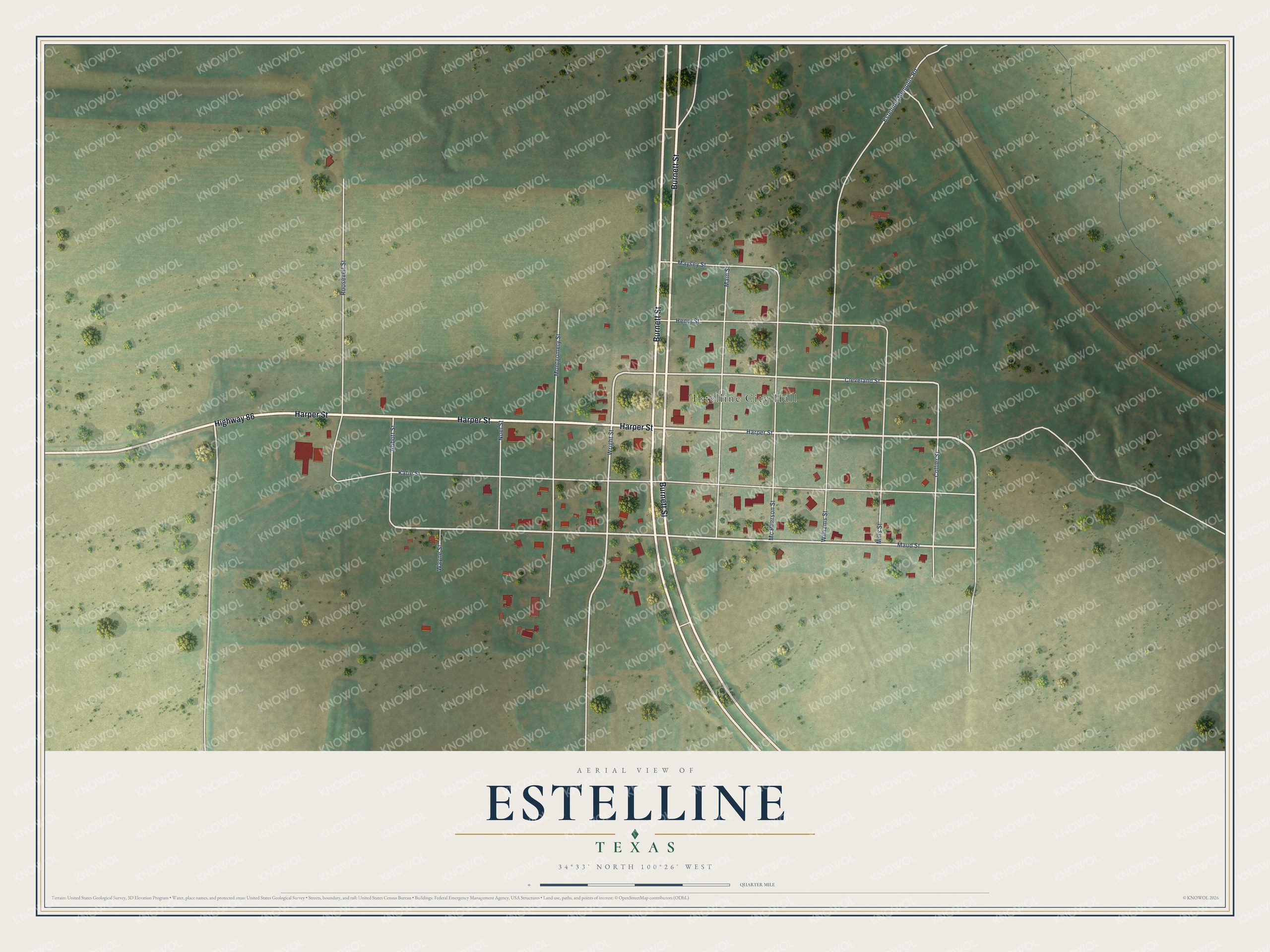 Full map of Estelline, Texas, with red buildings, printed street names and the land around them