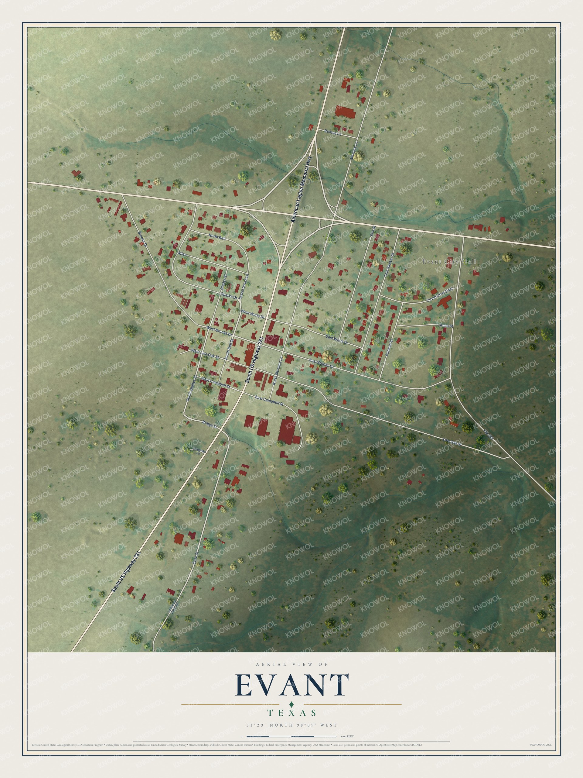 Watermarked full-map preview of Evant, Texas