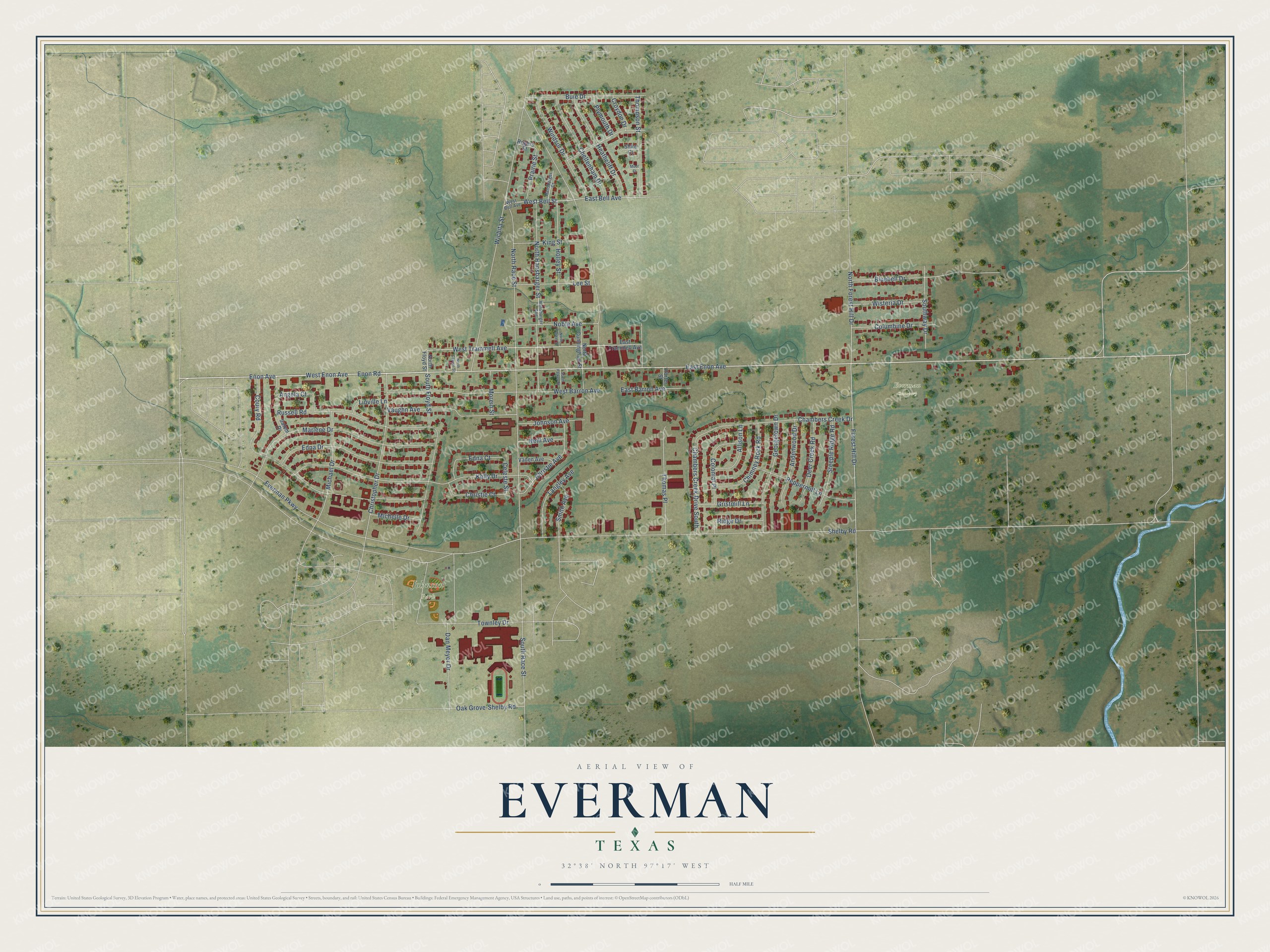 Full map of Everman, Texas, with red buildings, printed street names and the land around them