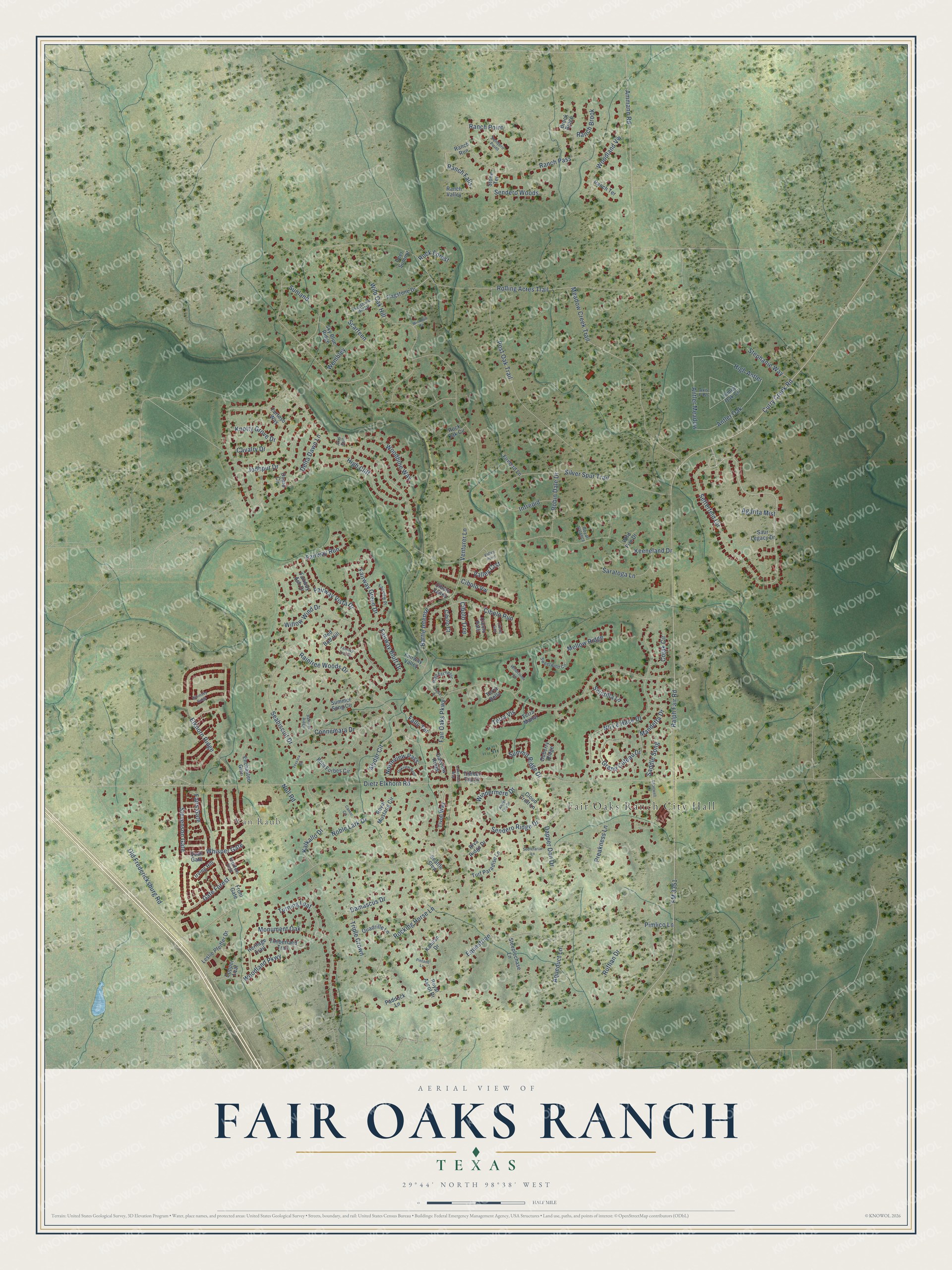 Full map of Fair Oaks Ranch, Texas, with red buildings, printed street names and the land around them