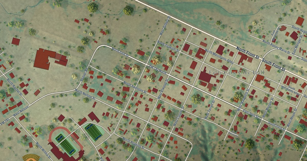 Map of Falls City, Texas in 2026