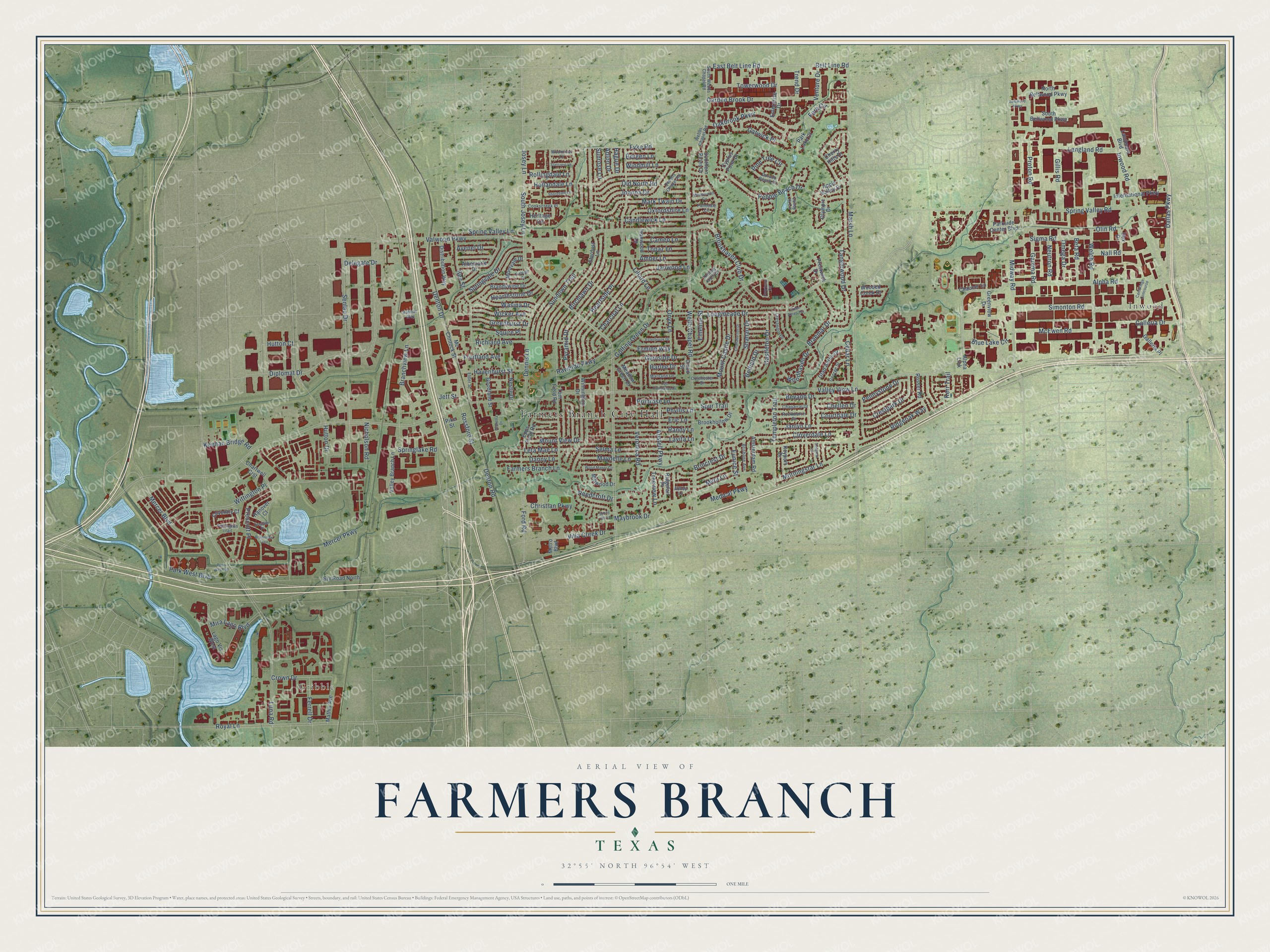 Full map of Farmers Branch, Texas, with red buildings, printed street names and the land around them