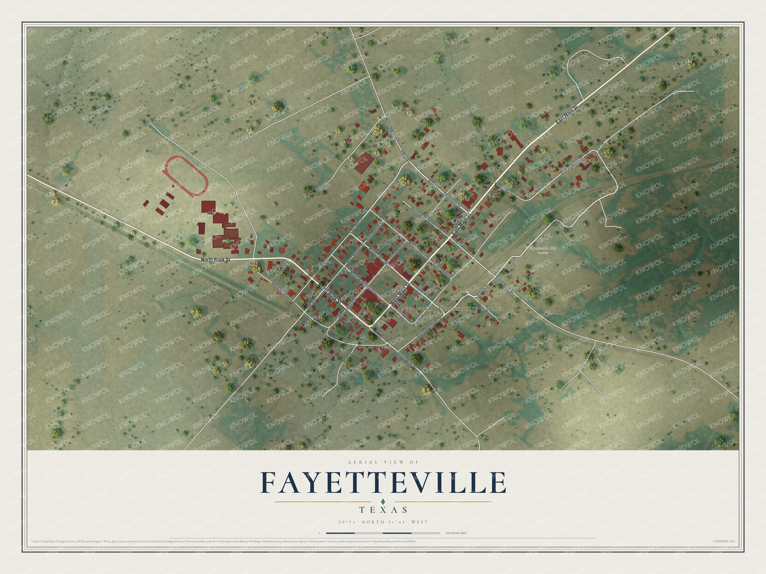 Full map of Fayetteville, Texas, with red buildings, printed street names and the land around them