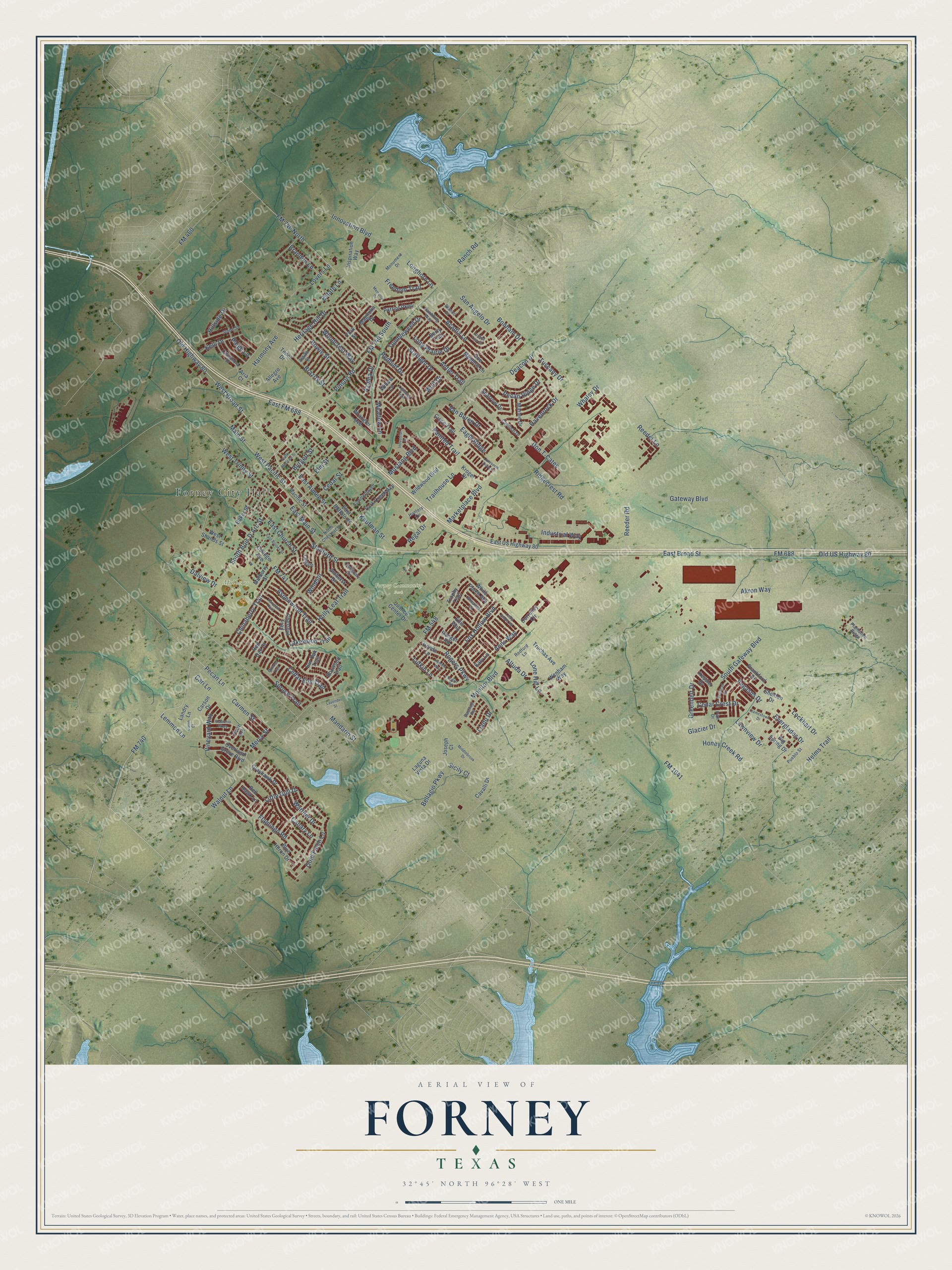 Full map of Forney, Texas, with red buildings, printed street names and the land around them
