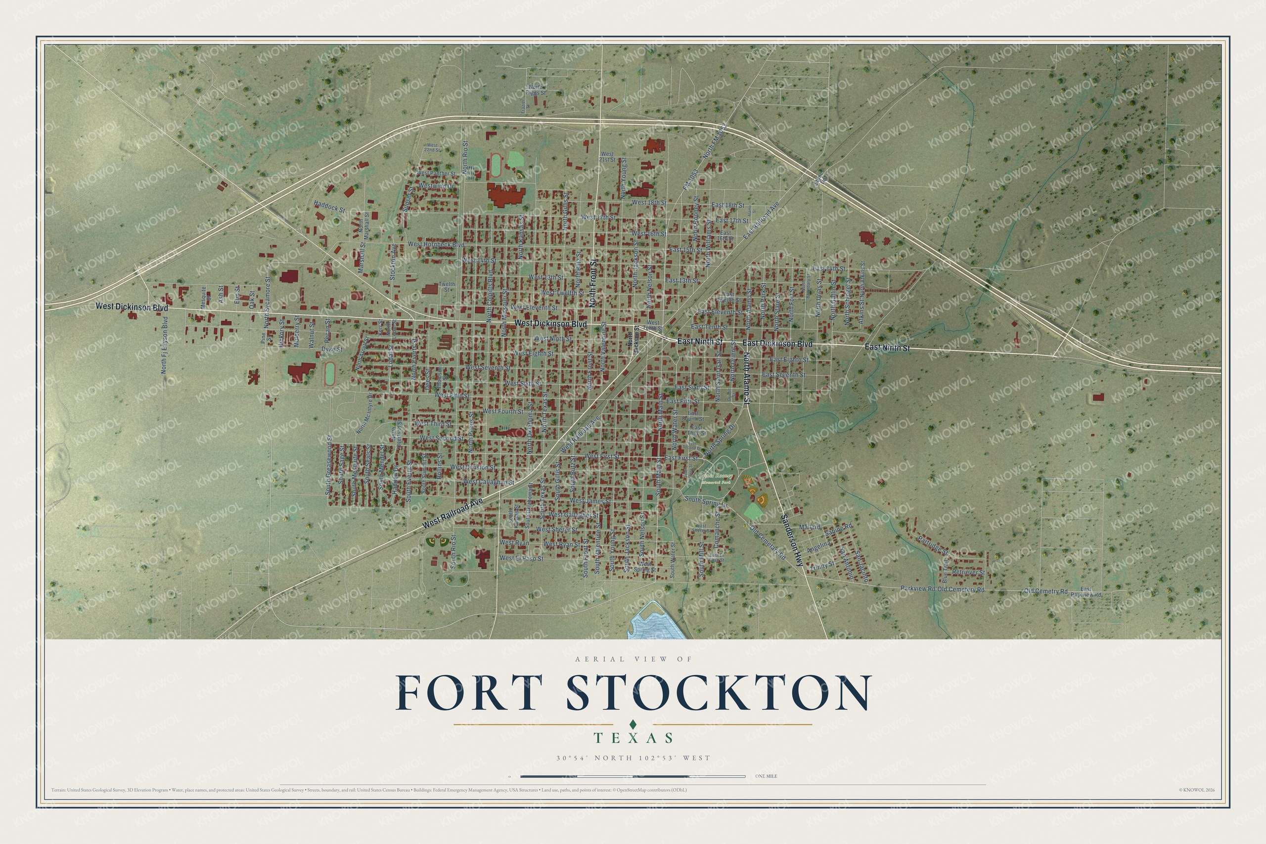 Full map of Fort Stockton, Texas, with red buildings, printed street names and the land around them