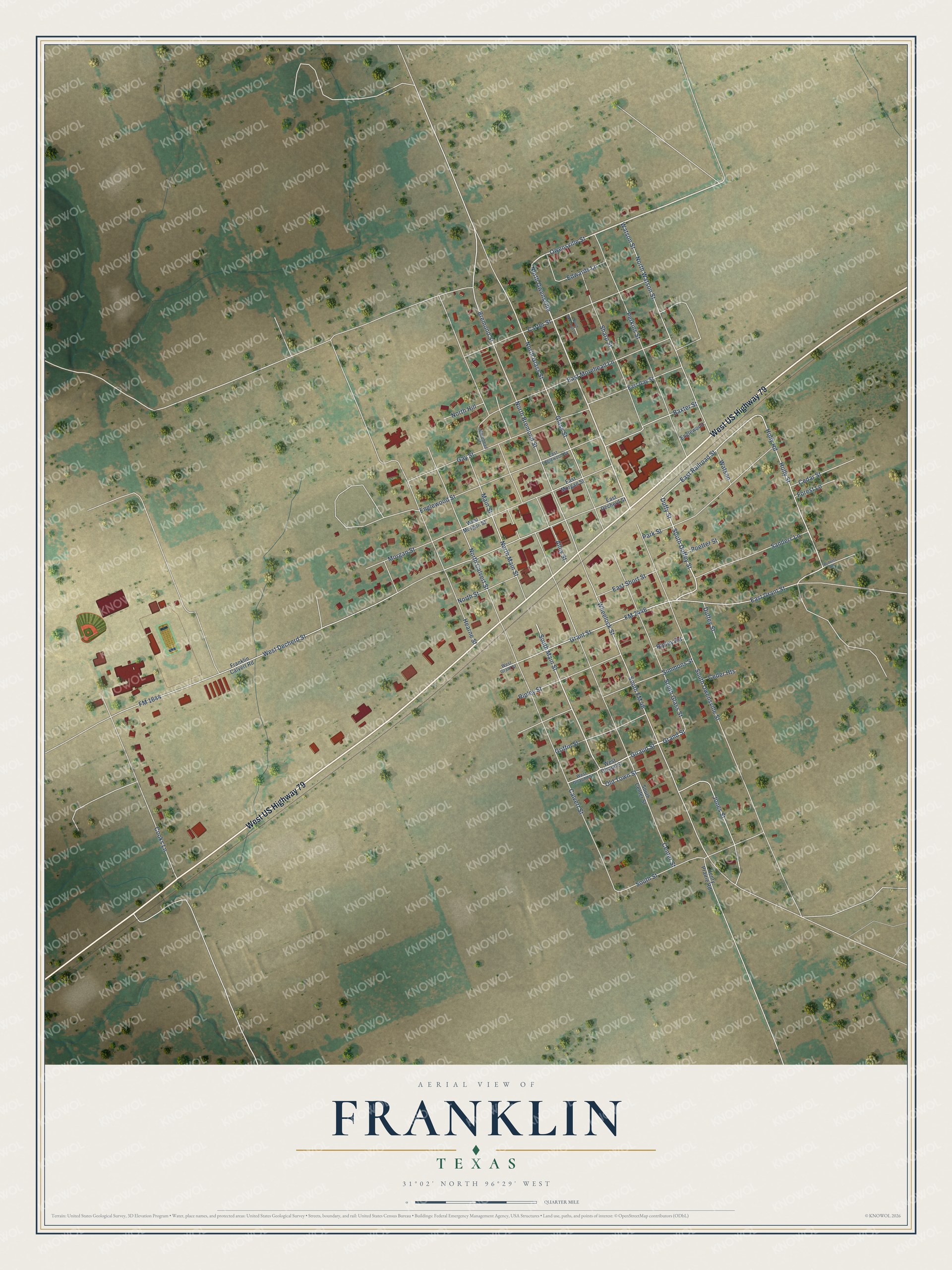 Full map of Franklin, Texas, with red buildings, printed street names and the land around them