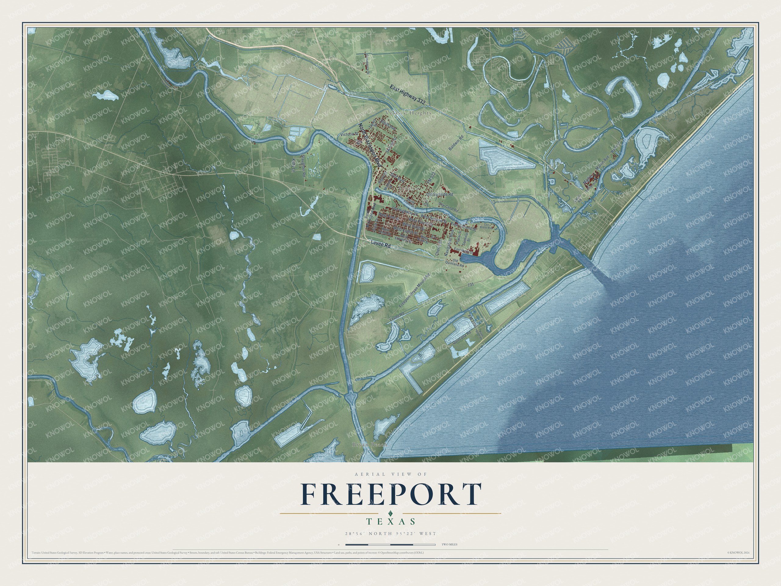 Full map of Freeport, Texas, with red buildings, printed street names and the land around them