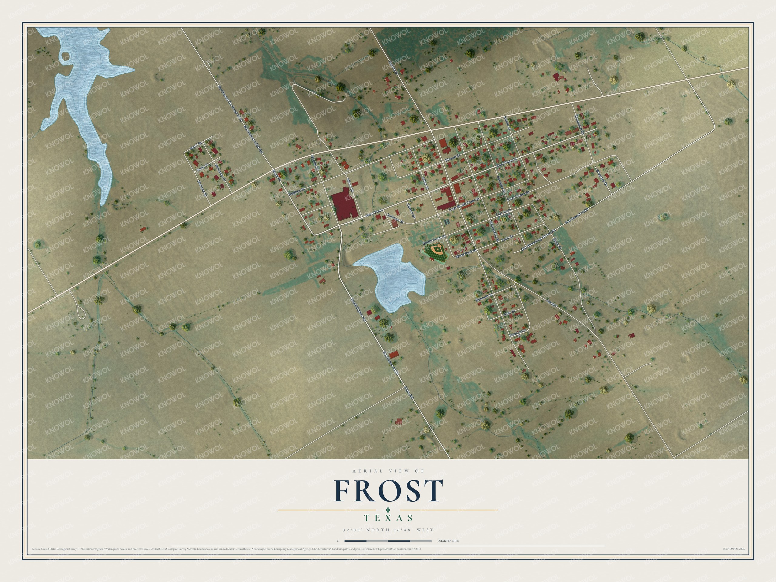 Full map of Frost, Texas, with red buildings, printed street names and the land around them