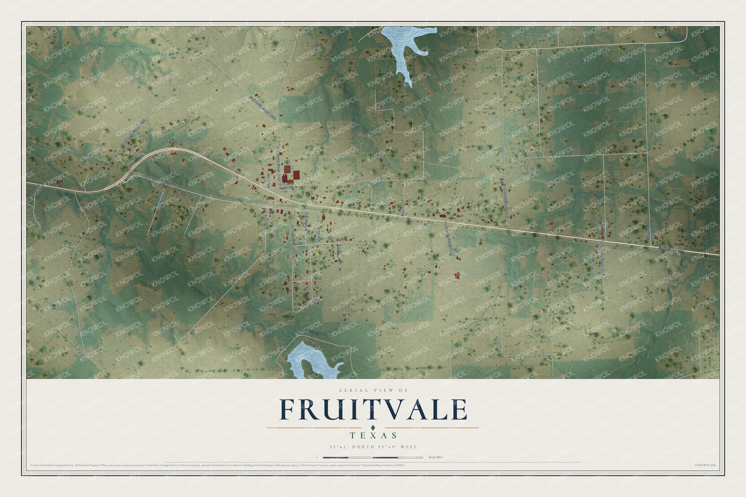 Full map of Fruitvale, Texas, with red buildings, printed street names and the land around them