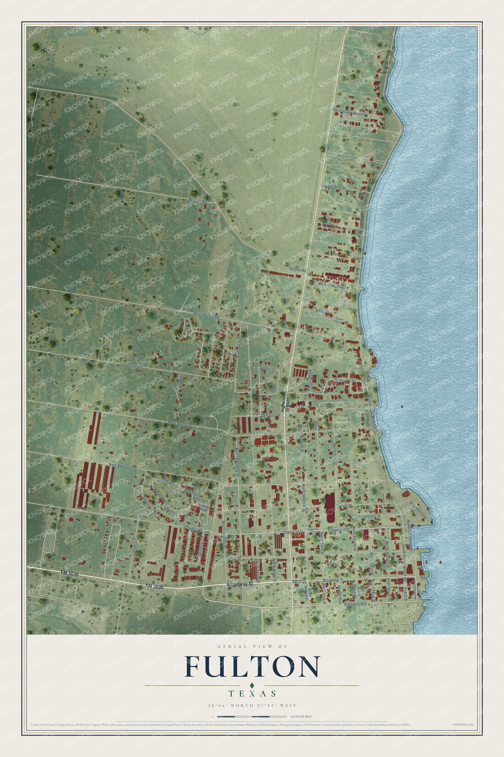 Full map of Fulton, Texas, with red buildings, printed street names and the land around them