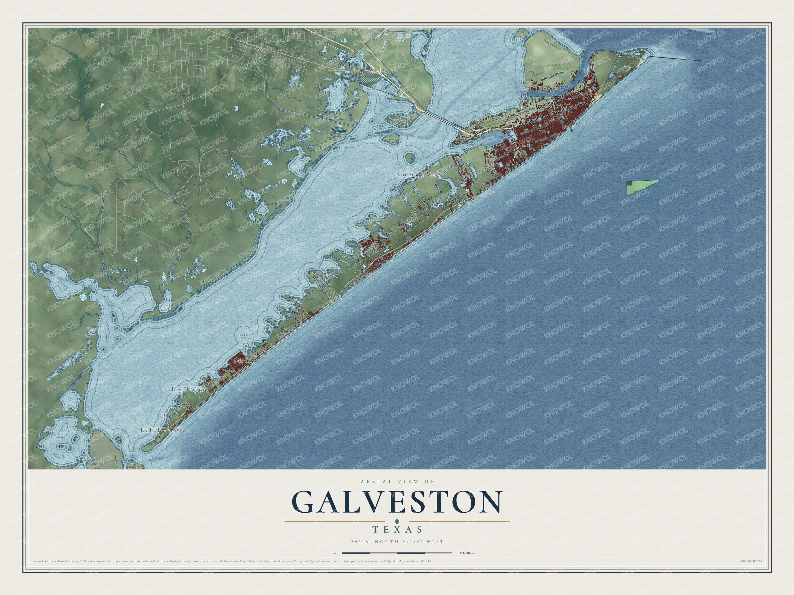 Full map of Galveston, Texas, with red buildings, printed street names and the land around them