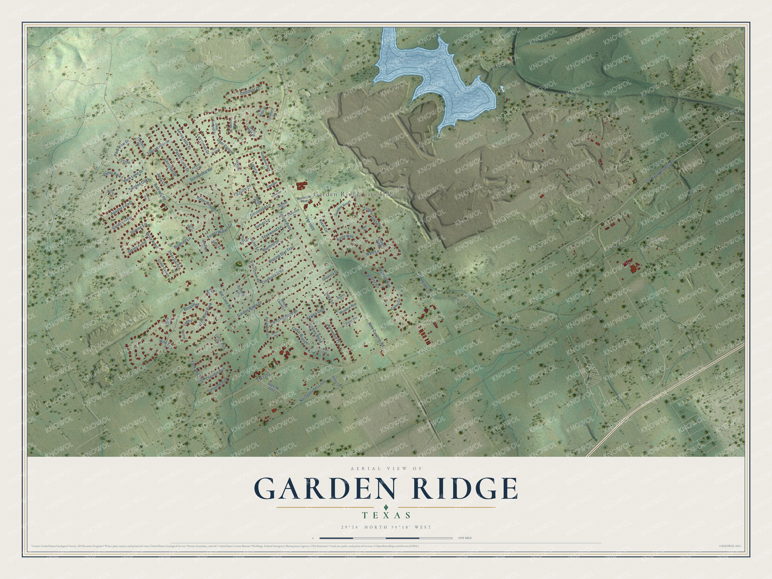 Full map of Garden Ridge, Texas, with red buildings, printed street names and the land around them
