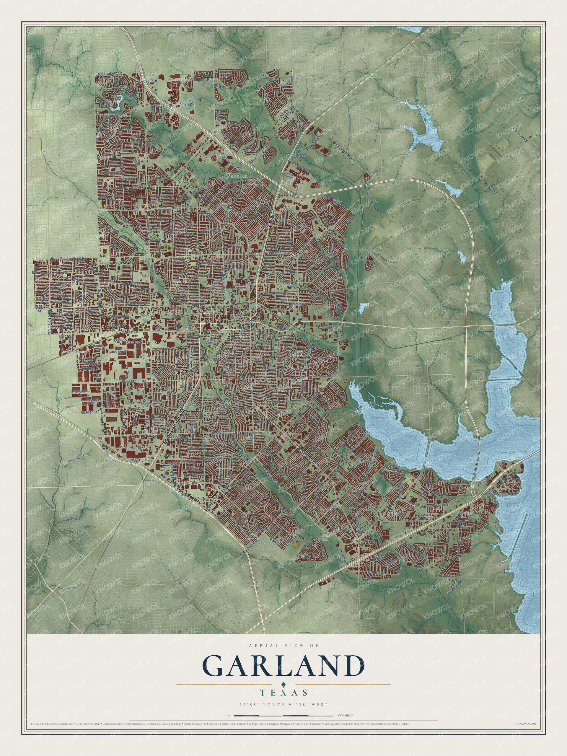 Full map of Garland, Texas, with red buildings, printed street names and the land around them