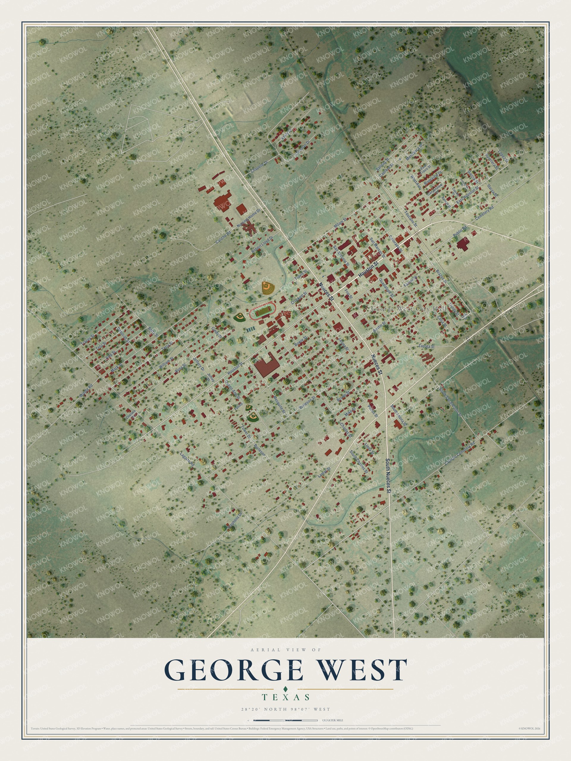 Full map of George West, Texas, with red buildings, printed street names and the land around them